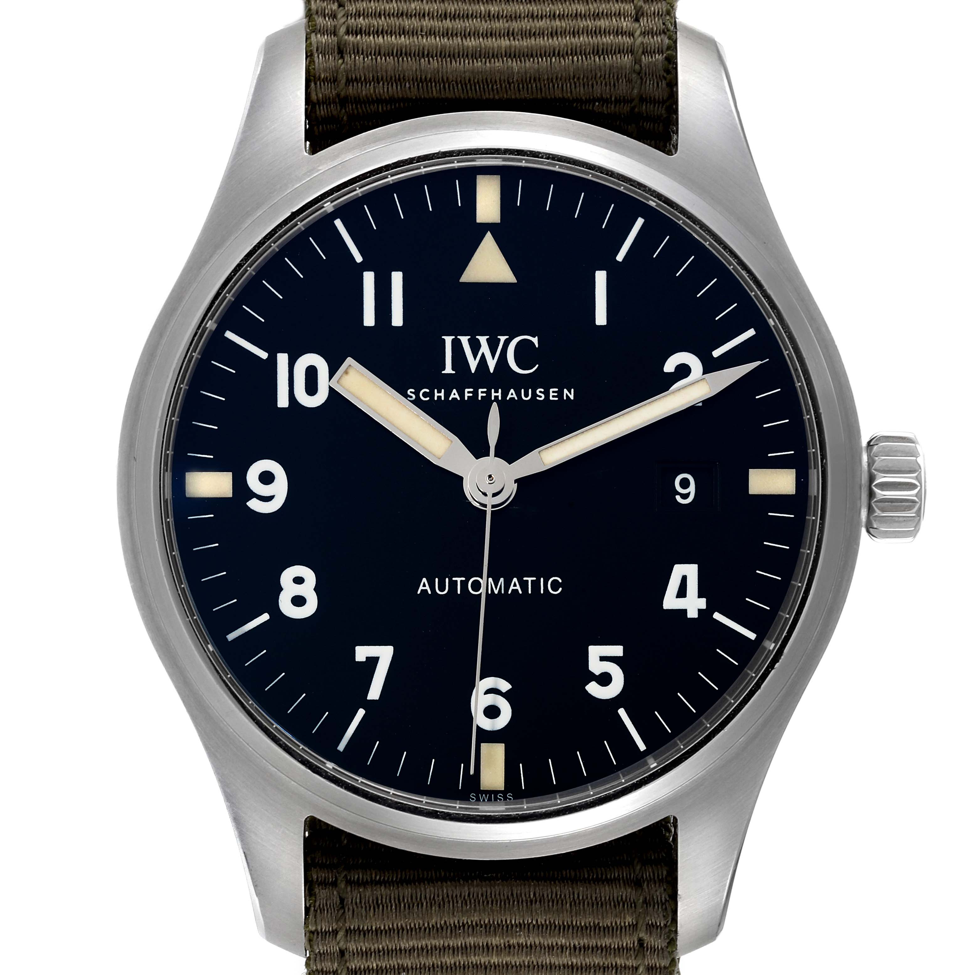 The IWC Pilot IW327007 Men's Stainless Steel Black Dial IW327007 Men's Stainless Steel Black Dial model watch is shown from a front angle, highlighting its dial, hands, crown, and strap attachment.