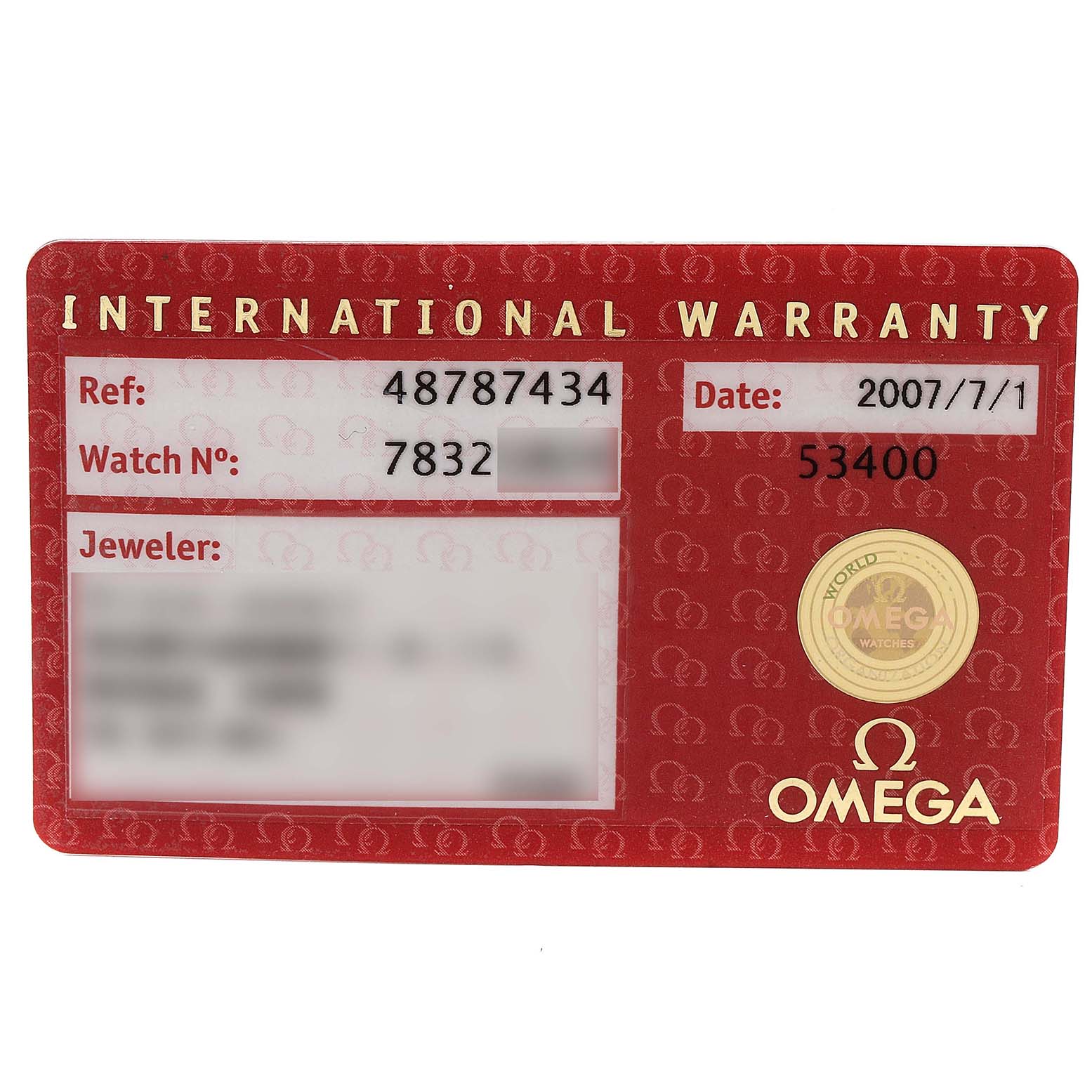 This image shows the international warranty card for the Omega 4877.60.37 Women's Stainless Steel Mother of Pearl Dial 4877.60.37 Women's Stainless Steel Mother of Pearl Dial DeVille Pink Mother of Pearl Dial Steel Ladies Watch model 4877.60.37.