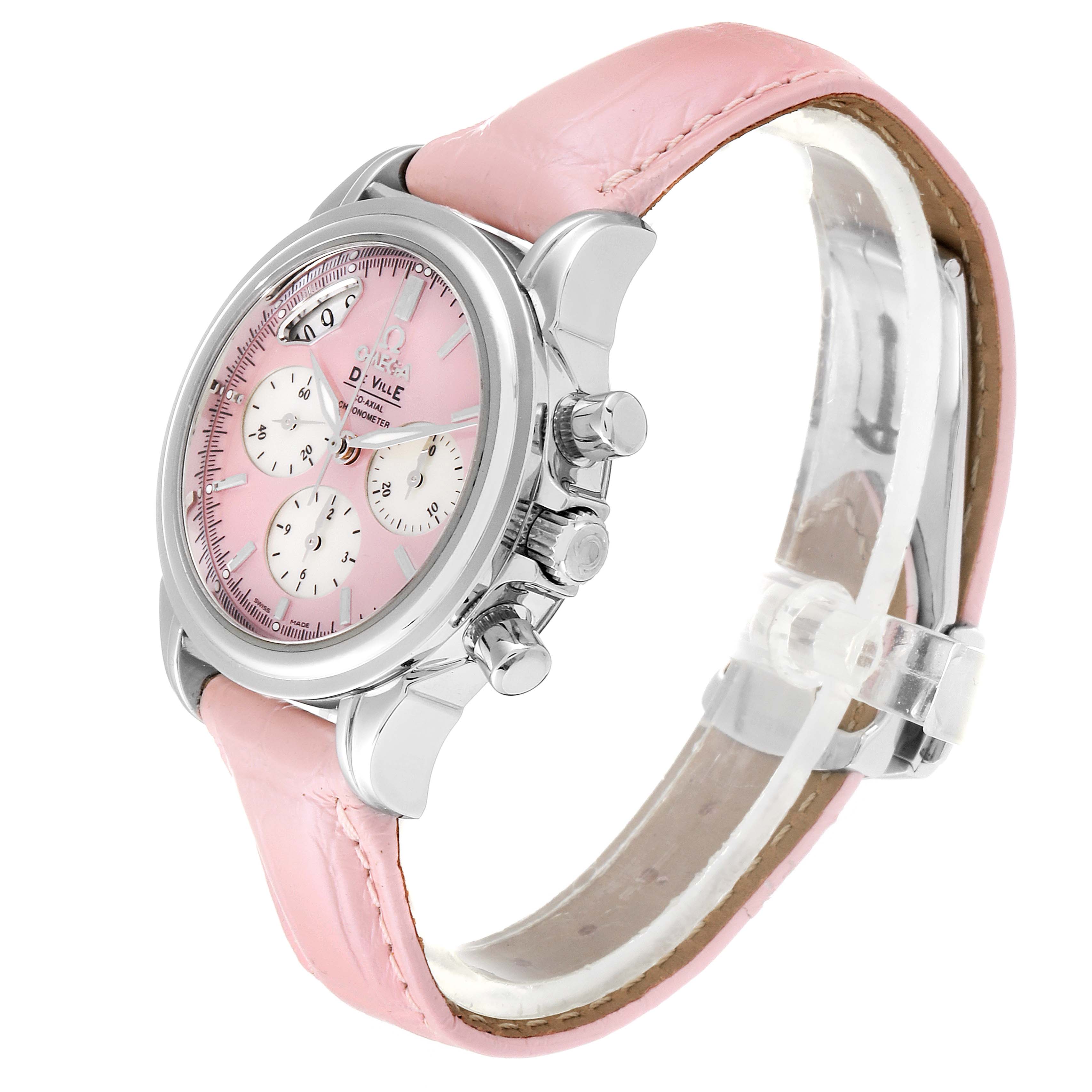 The Omega 4877.60.37 Women's Stainless Steel Mother of Pearl Dial 4877.60.37 Women's Stainless Steel Mother of Pearl Dial DeVille Pink Mother of Pearl Dial Steel Ladies Watch 4877.60.37 is shown at a slight angle, highlighting its dial, case, and pink leather strap.