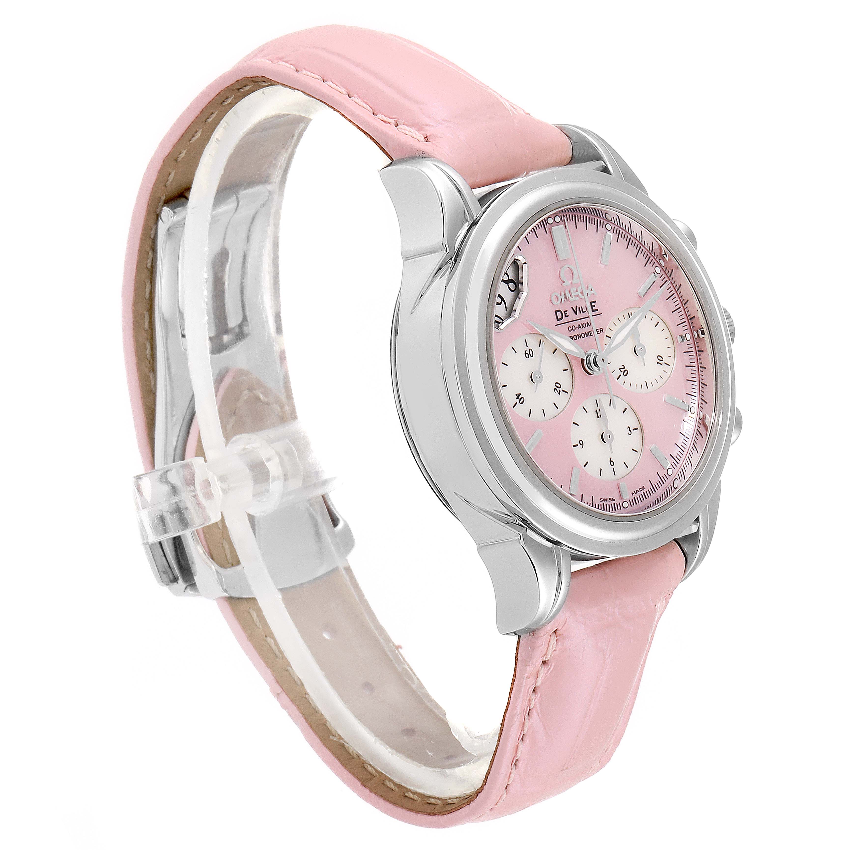 This image shows a side and front view of the Omega 4877.60.37 Women's Stainless Steel Mother of Pearl Dial 4877.60.37 Women's Stainless Steel Mother of Pearl Dial DeVille Pink Mother of Pearl Dial Steel Ladies Watch 4877.60.37 with a pink strap.