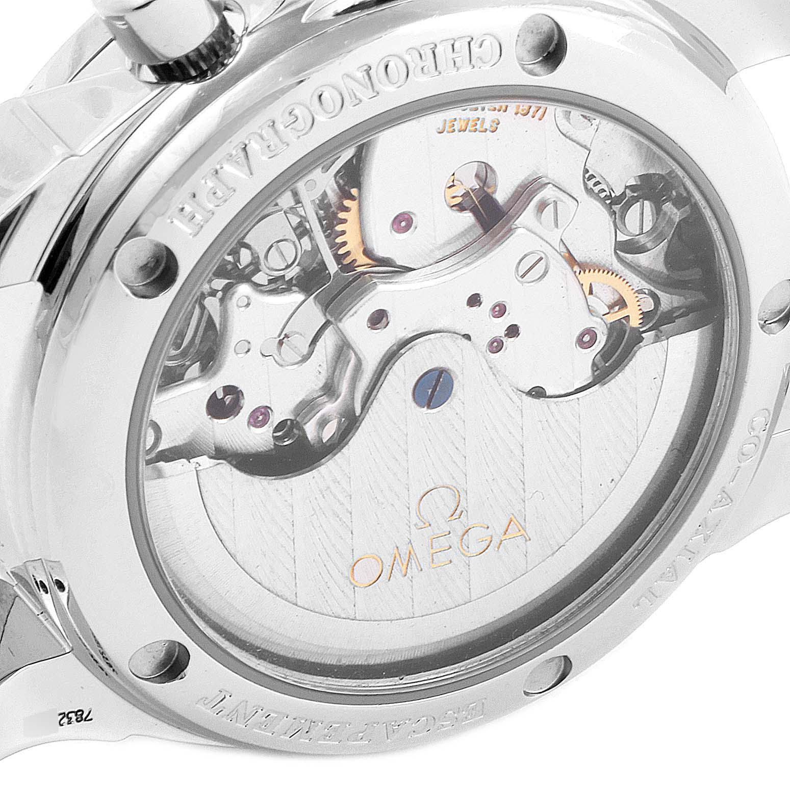 The image shows the back view of the Omega 4877.60.37 Women's Stainless Steel Mother of Pearl Dial 4877.60.37 Women's Stainless Steel Mother of Pearl Dial DeVille Pink Mother of Pearl Dial Steel Ladies Watch 4877.60.37, highlighting its internal mechanics.