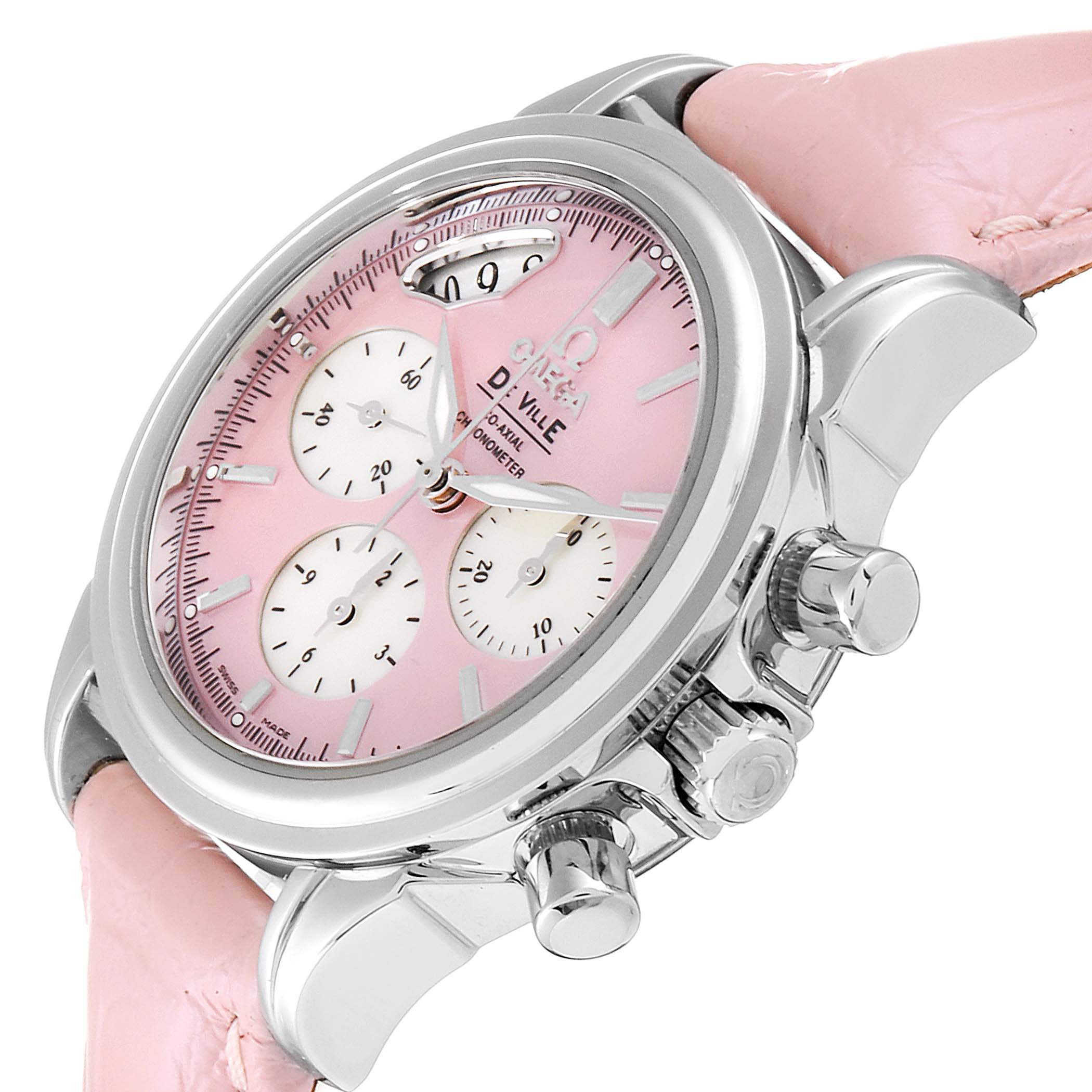 The Omega 4877.60.37 Women's Stainless Steel Mother of Pearl Dial 4877.60.37 Women's Stainless Steel Mother of Pearl Dial DeVille Pink Mother of Pearl Dial Steel Ladies Watch 4877.60.37 is shown at an angle highlighting the dial, case, and pushers.