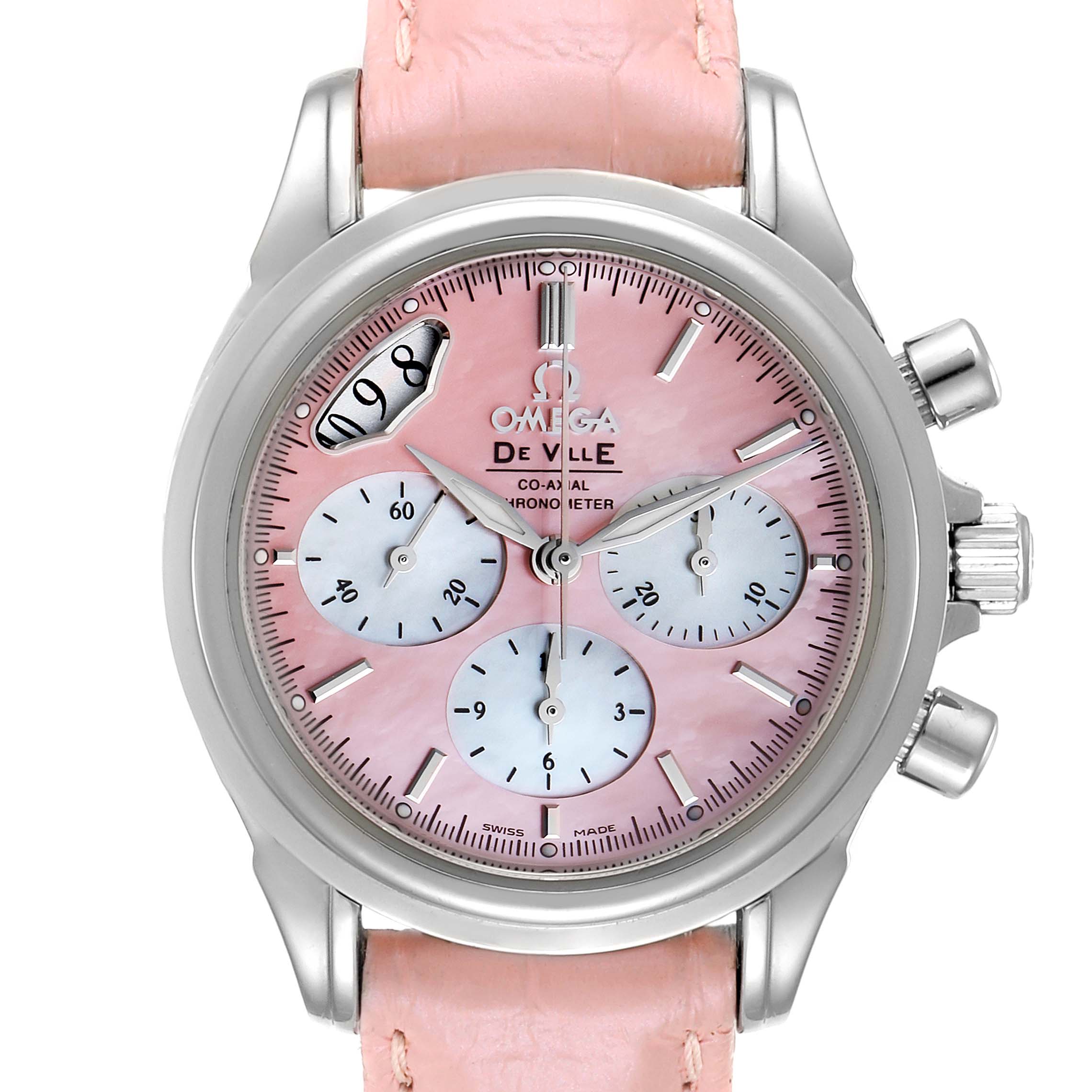 The Omega 4877.60.37 Women's Stainless Steel Mother of Pearl Dial 4877.60.37 Women's Stainless Steel Mother of Pearl Dial DeVille Pink Mother of Pearl Dial Steel Ladies Watch 4877.60.37 is shown from the front, highlighting its face, dial, and crown.