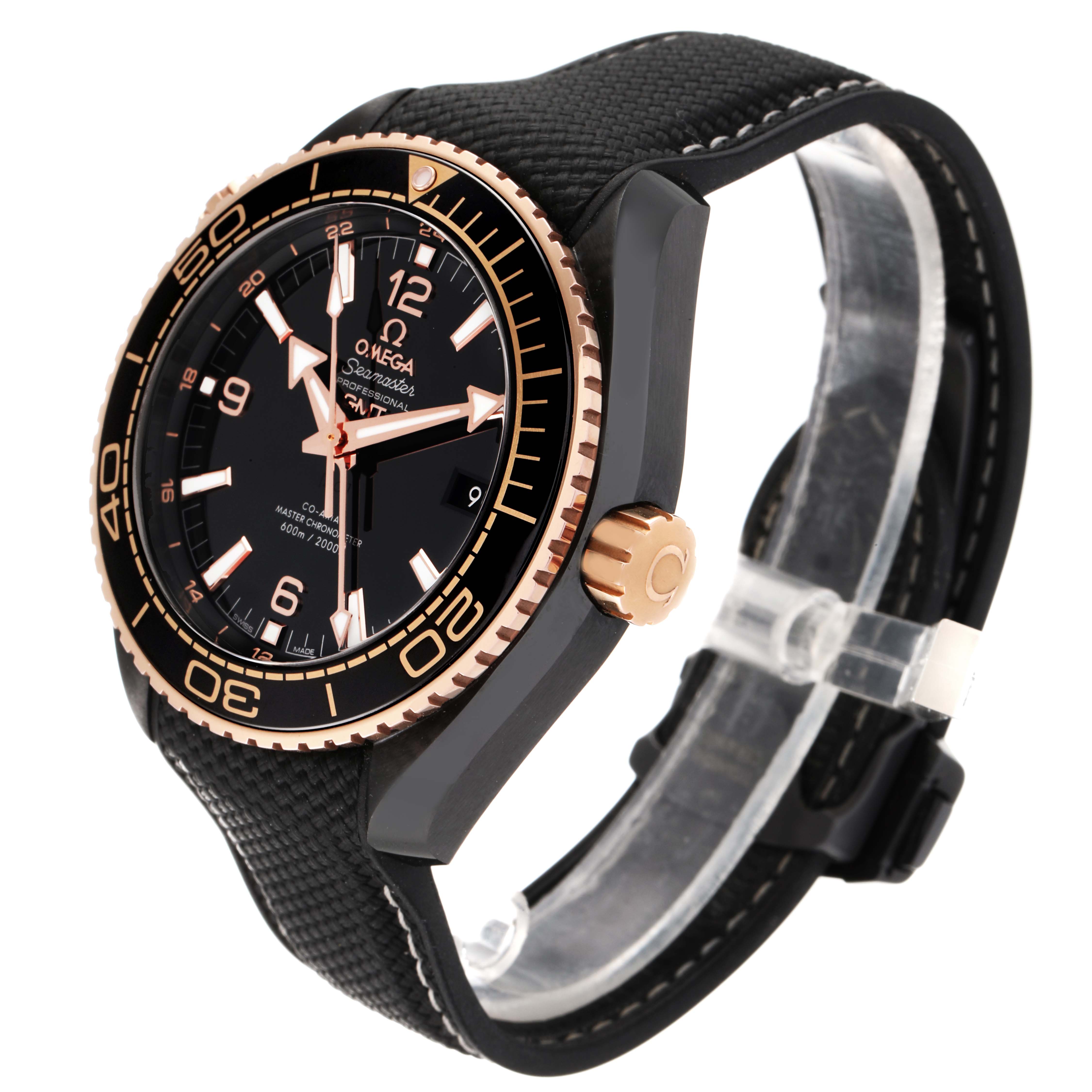 The image shows a side and partial front view of the Omega Planet Ocean 215.63.46.22.01.001 Men's Ceramic Black Dial 215.63.46.22.01.001 Men's Ceramic Black Dial watch, highlighting the bezel, crown, and strap.