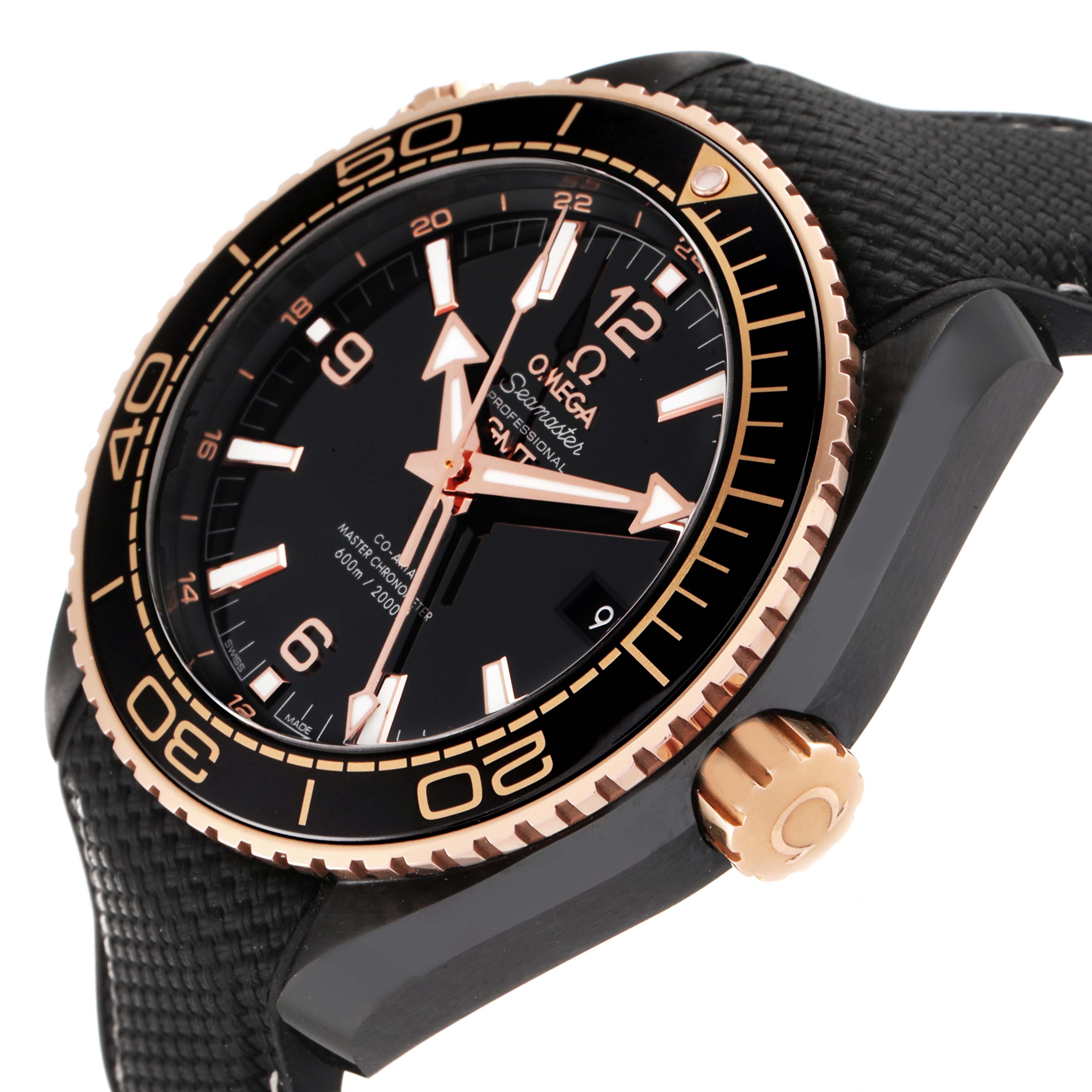 The image shows a side-angle view of the Omega Planet Ocean 215.63.46.22.01.001 Men's Ceramic Black Dial 215.63.46.22.01.001 Men's Ceramic Black Dial watch, highlighting the bezel, dial, crown, and strap.