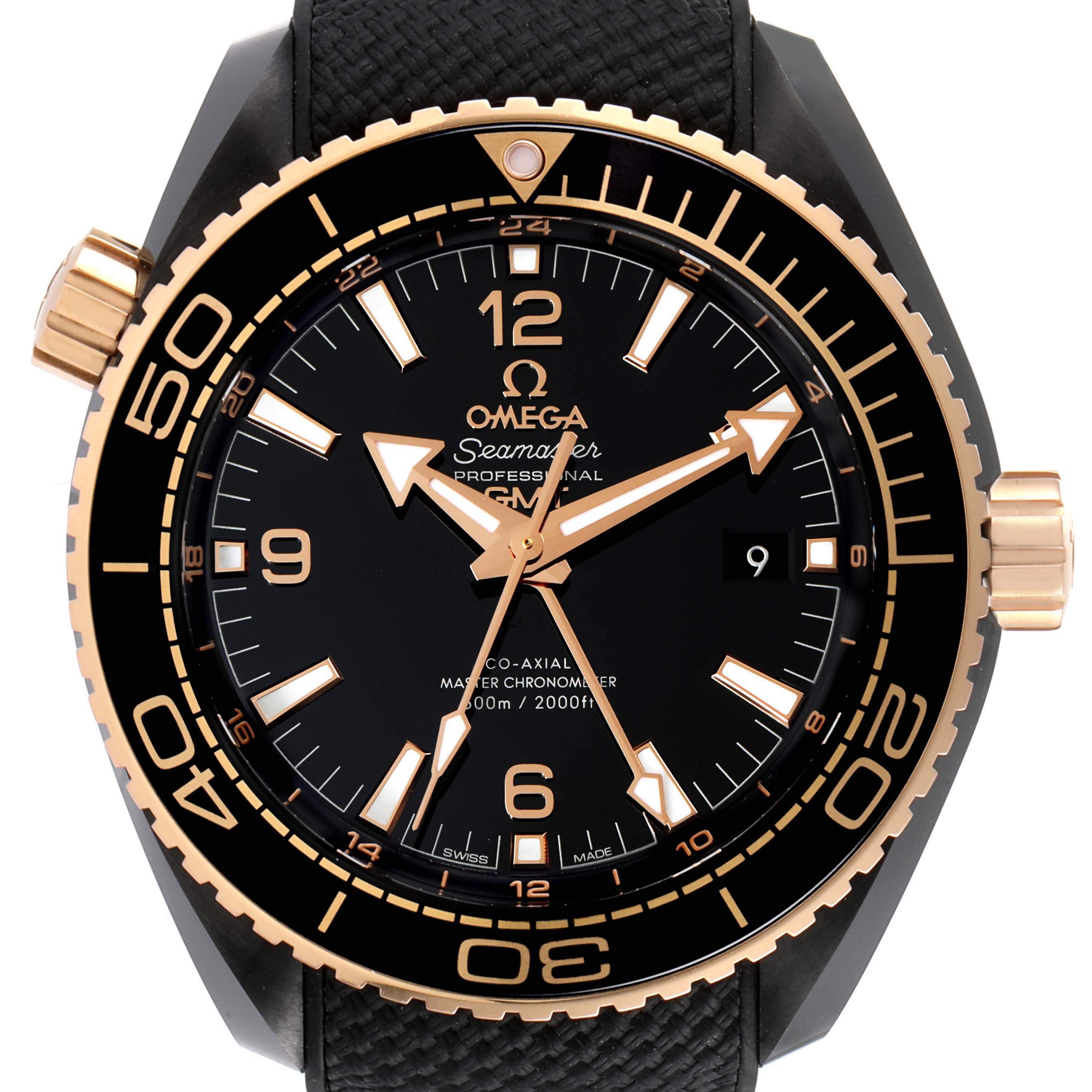The image shows a front view of the Omega Planet Ocean 215.63.46.22.01.001 Men's Ceramic Black Dial 215.63.46.22.01.001 Men's Ceramic Black Dial model, highlighting its dial, bezel, hands, and part of the strap.