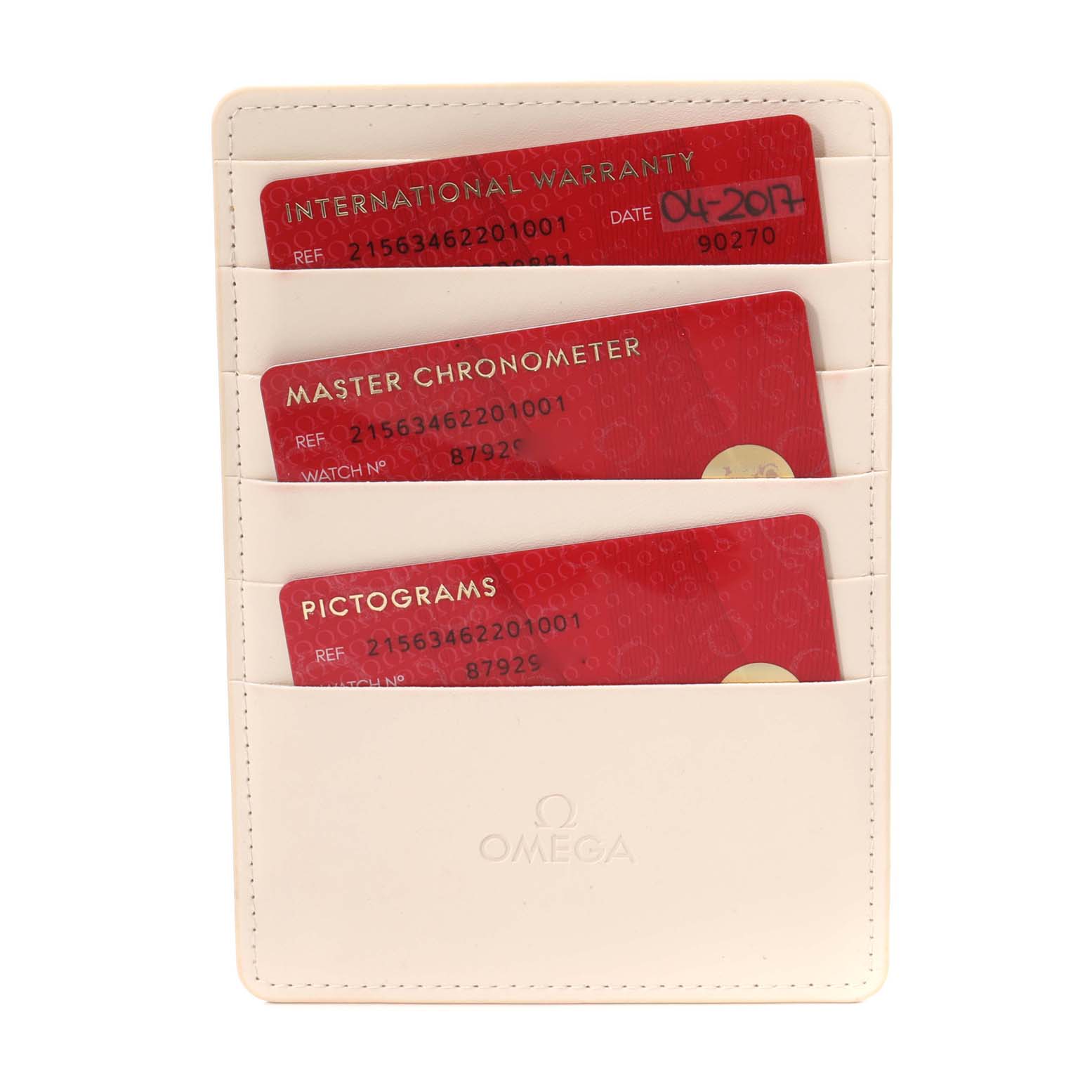 The image shows three Omega Planet Ocean 215.63.46.22.01.001 Men's Ceramic Black Dial 215.63.46.22.01.001 Men's Ceramic Black Dial model cards: International Warranty, Master Chronometer, and Pictograms, in a cardholder.