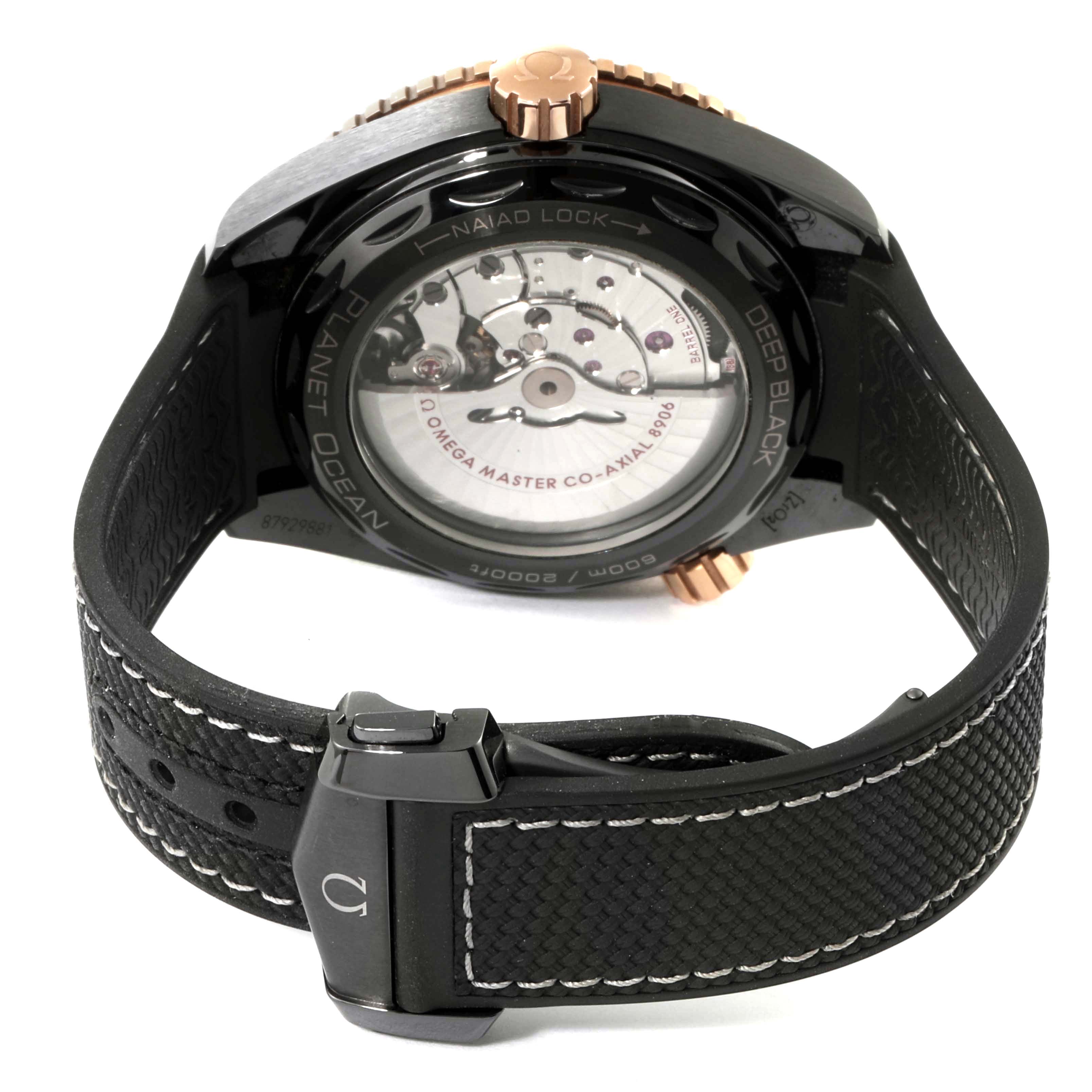 The image shows the back view of the Omega Planet Ocean 215.63.46.22.01.001 Men's Ceramic Black Dial 215.63.46.22.01.001 Men's Ceramic Black Dial watch, highlighting its movement, strap, and buckle.