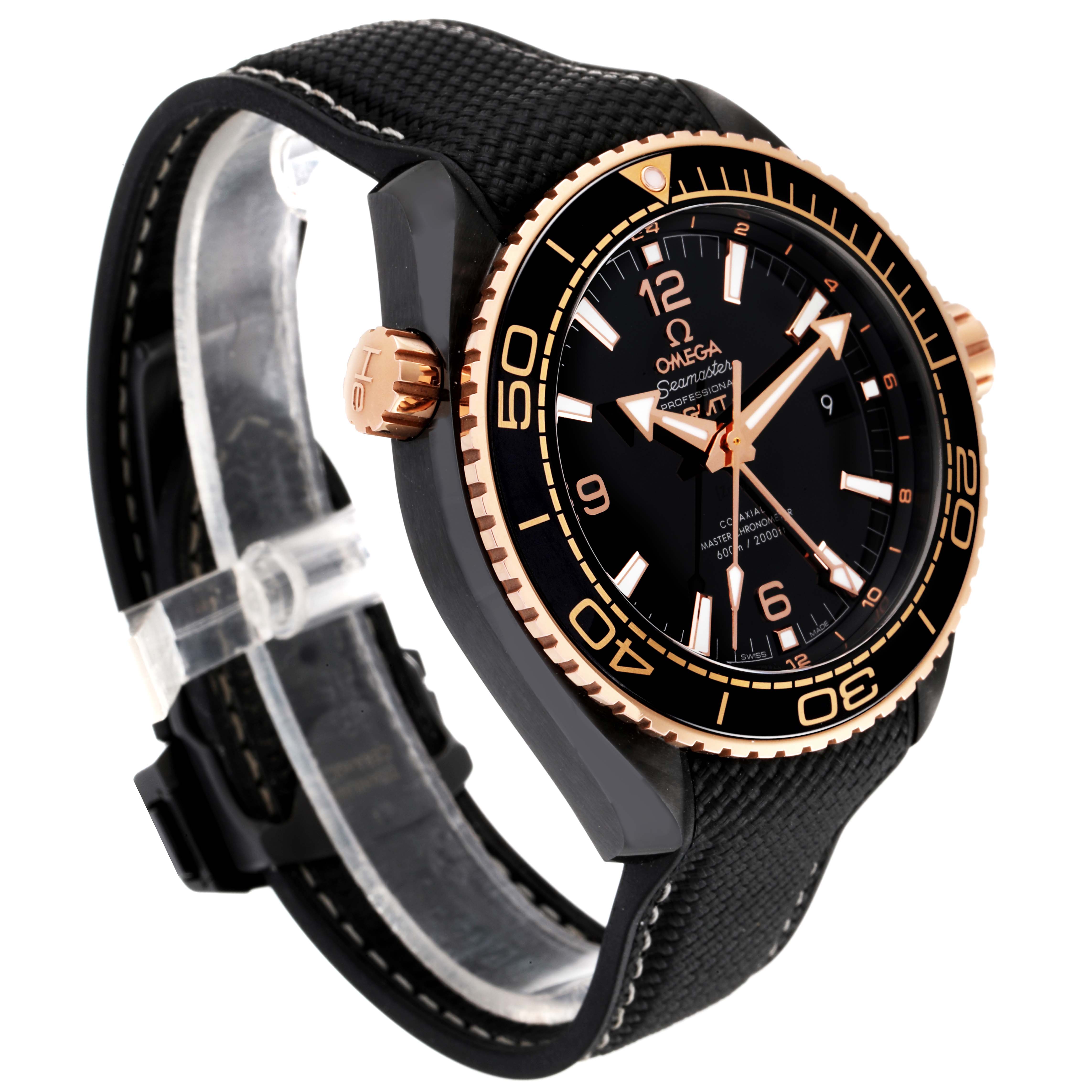 The Omega Planet Ocean 215.63.46.22.01.001 Men's Ceramic Black Dial 215.63.46.22.01.001 Men's Ceramic Black Dial model watch is shown at a slight side angle, displaying the face, case, bezel, and crown.