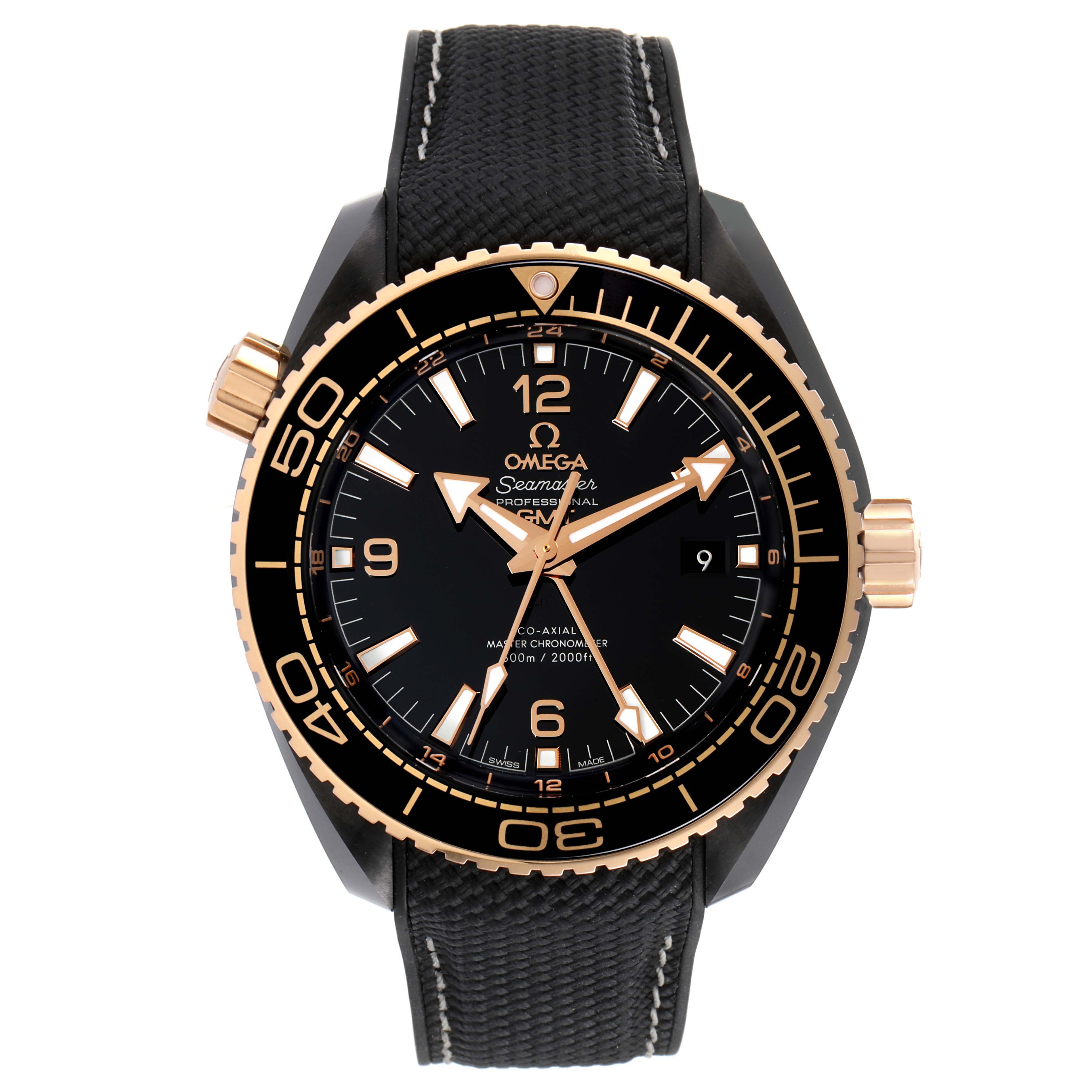 This image shows a front view of the Omega Planet Ocean 215.63.46.22.01.001 Men's Ceramic Black Dial 215.63.46.22.01.001 Men's Ceramic Black Dial watch, highlighting its black dial, gold accents, and black strap.