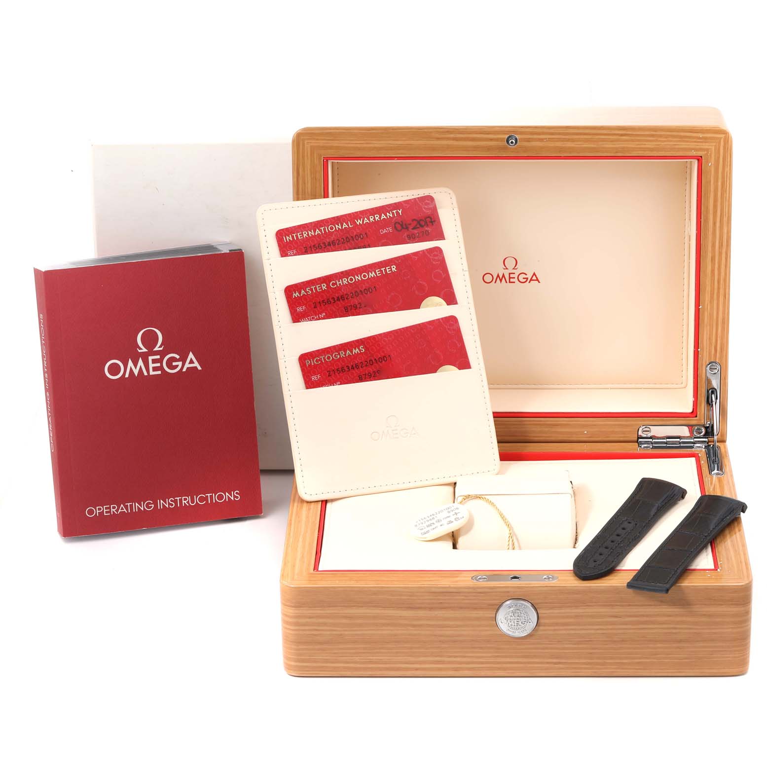 The image showcases Omega Planet Ocean 215.63.46.22.01.001 Men's Ceramic Black Dial 215.63.46.22.01.001 Men's Ceramic Black Dial watch accessories, including a wooden box, straps, warranty cards, and instructions.