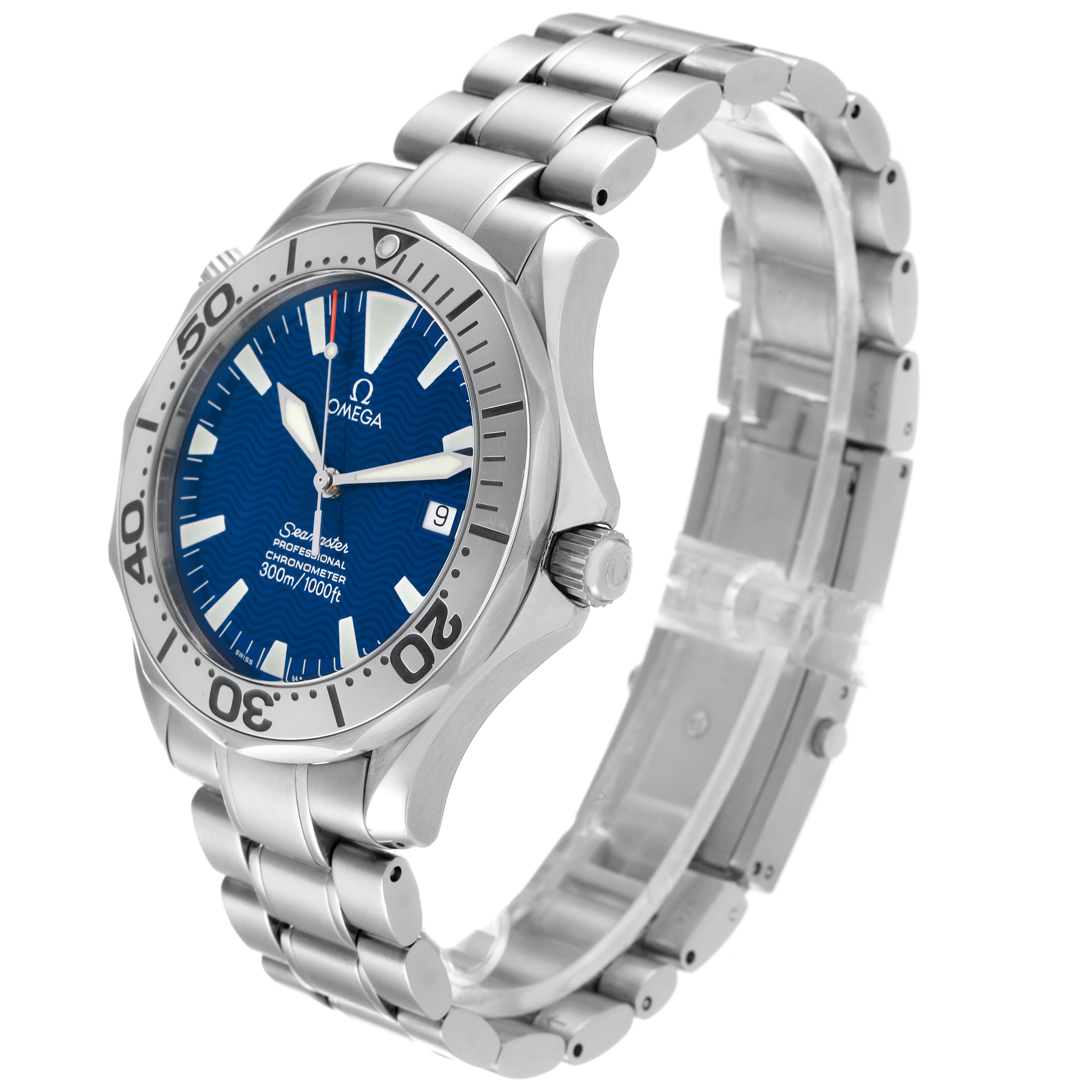 This image shows an Omega Seamaster 2255.80.00 Men's Stainless Steel Blue Dial 2255.80.00 Men's Stainless Steel Blue Dial watch from a three-quarter angle, highlighting the face, bezel, crown, and bracelet.