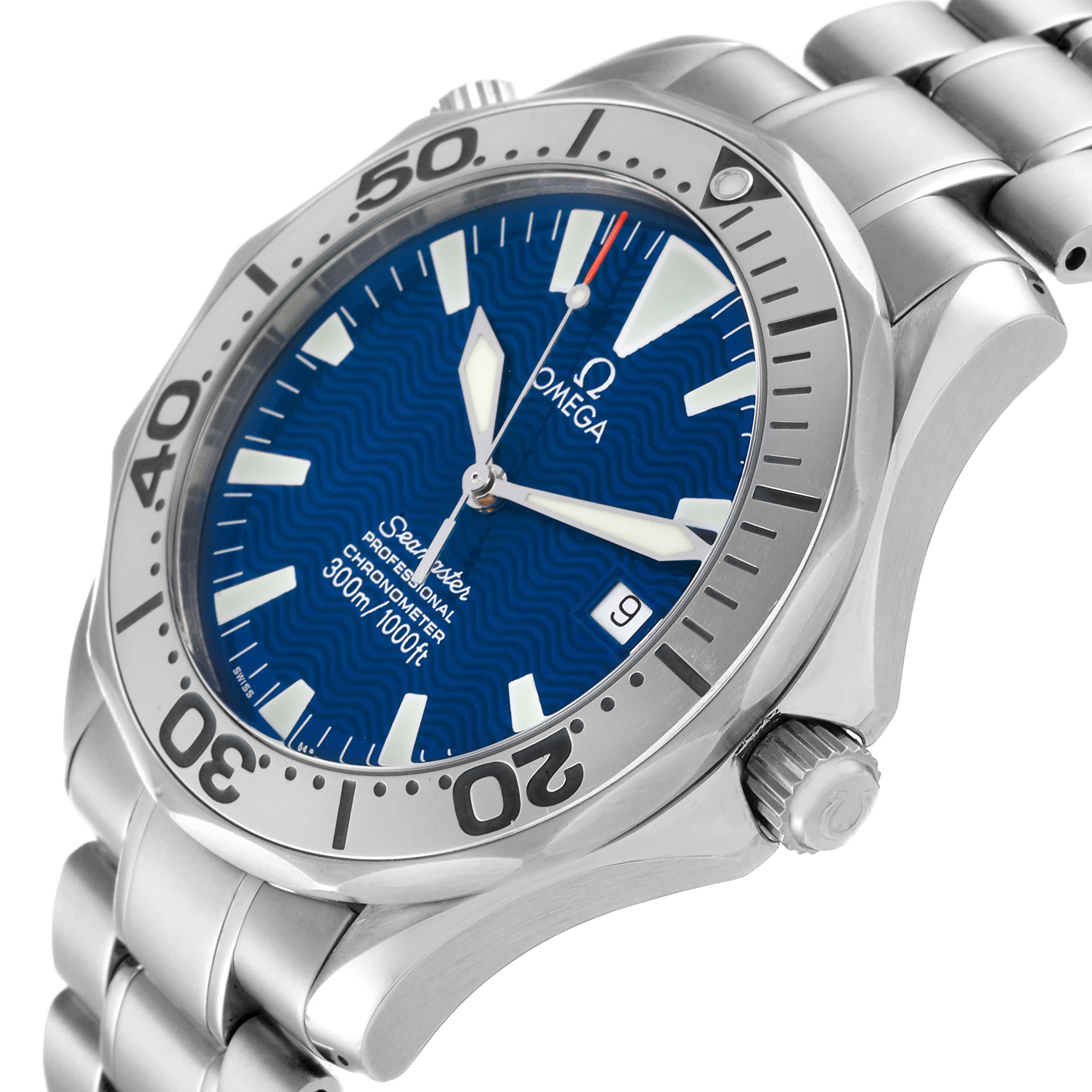 The Omega Seamaster 2255.80.00 Men's Stainless Steel Blue Dial 2255.80.00 Men's Stainless Steel Blue Dial model watch is shown at a tilted front angle, highlighting the dial, bezel, crown, and part of the bracelet.