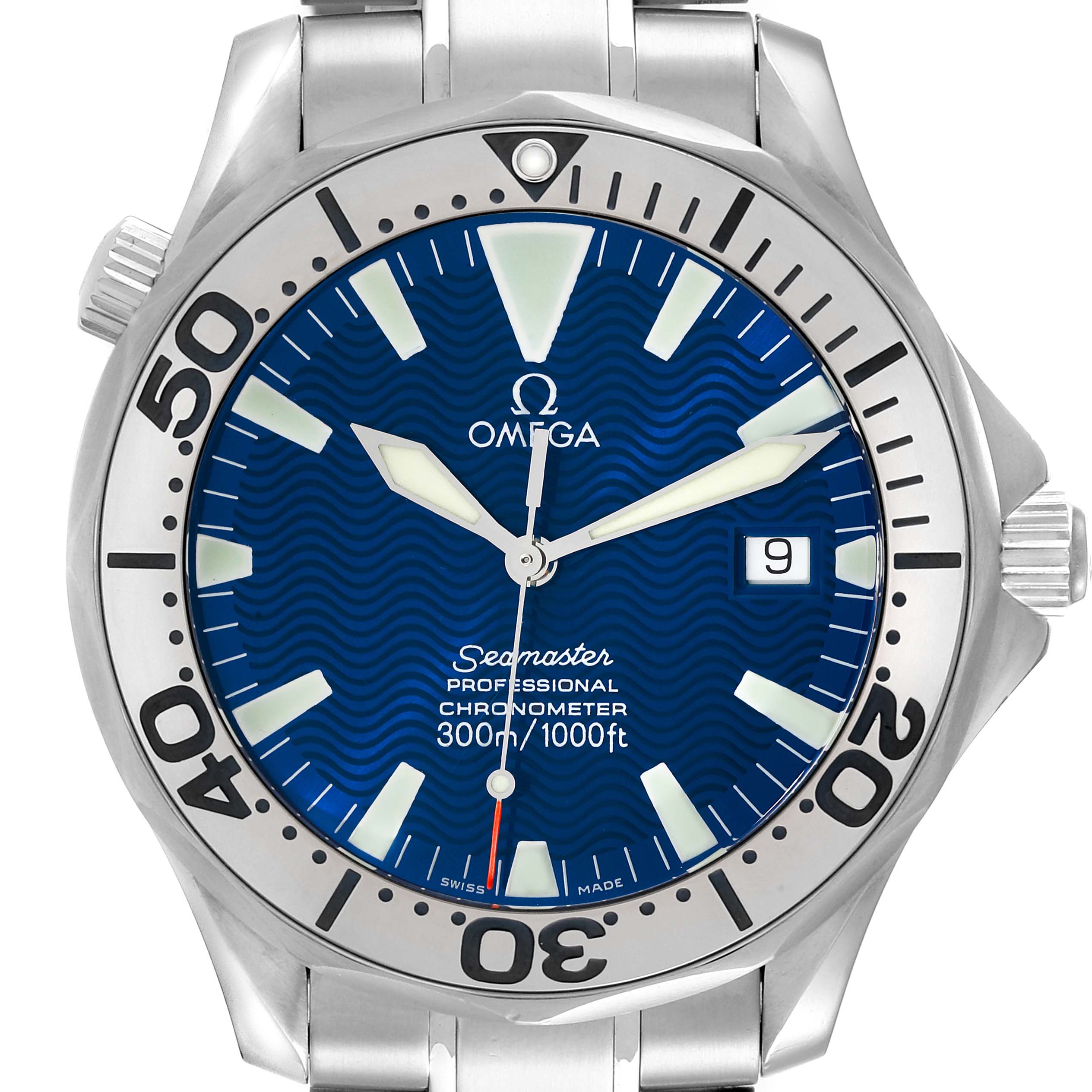 The image shows a front view of the Omega Seamaster 2255.80.00 Men's Stainless Steel Blue Dial 2255.80.00 Men's Stainless Steel Blue Dial watch, displaying the dial, bezel, and part of the bracelet.