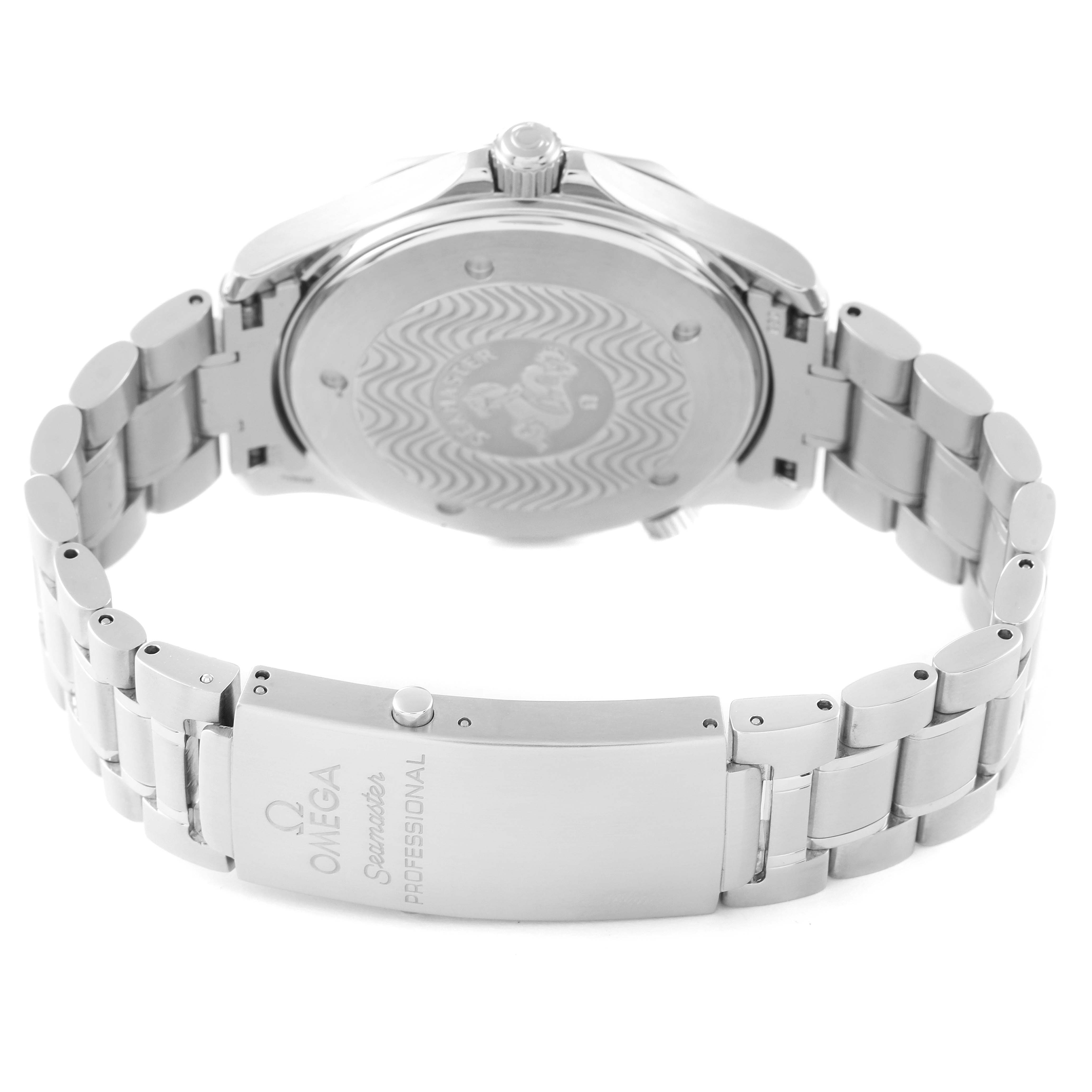 The image shows the back and clasp of an Omega Seamaster 2255.80.00 Men's Stainless Steel Blue Dial 2255.80.00 Men's Stainless Steel Blue Dial watch, highlighting its metal bracelet and engraved case back.