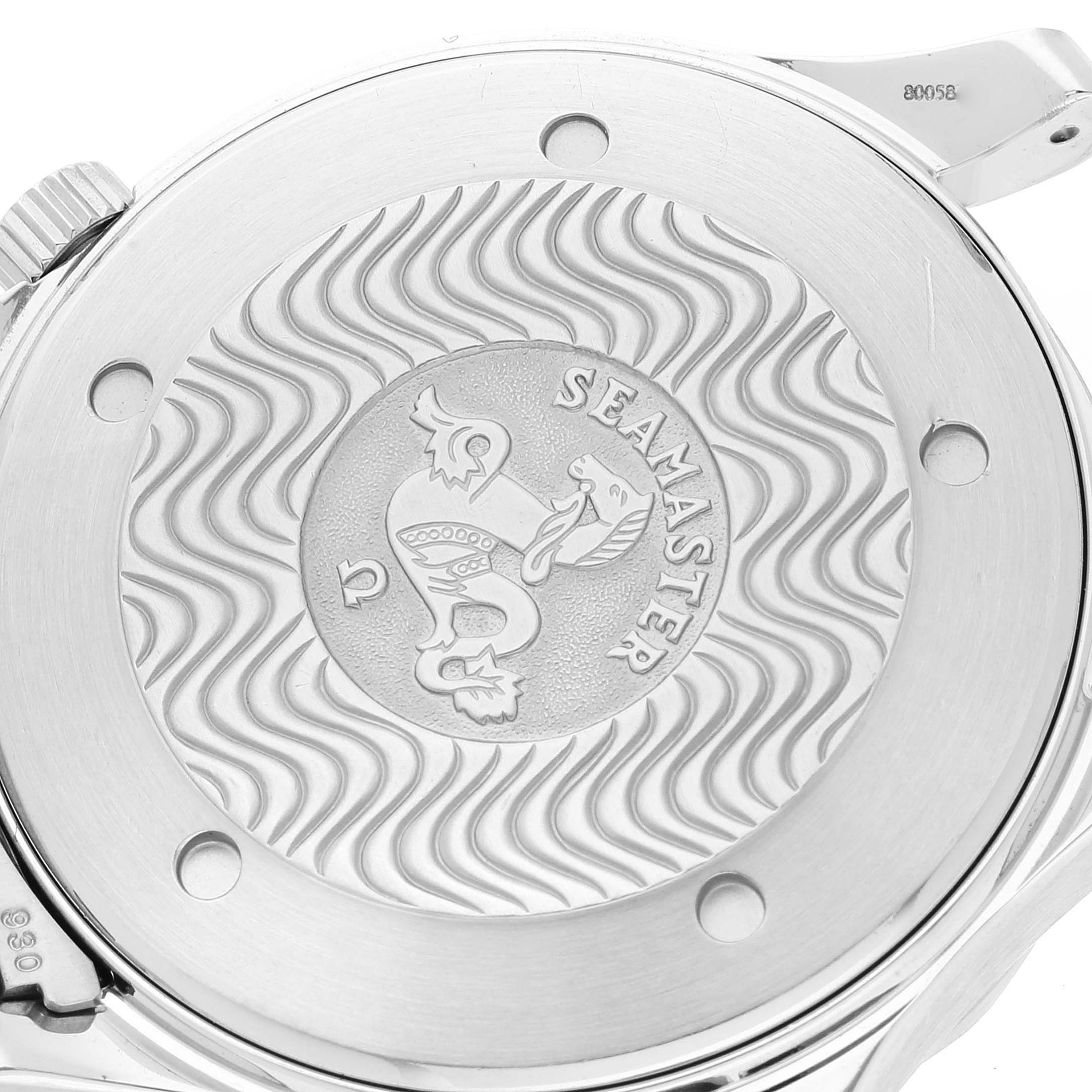 The image shows the case back of an Omega Seamaster 2255.80.00 Men's Stainless Steel Blue Dial 2255.80.00 Men's Stainless Steel Blue Dial watch with engraved details and the Seamaster logo.