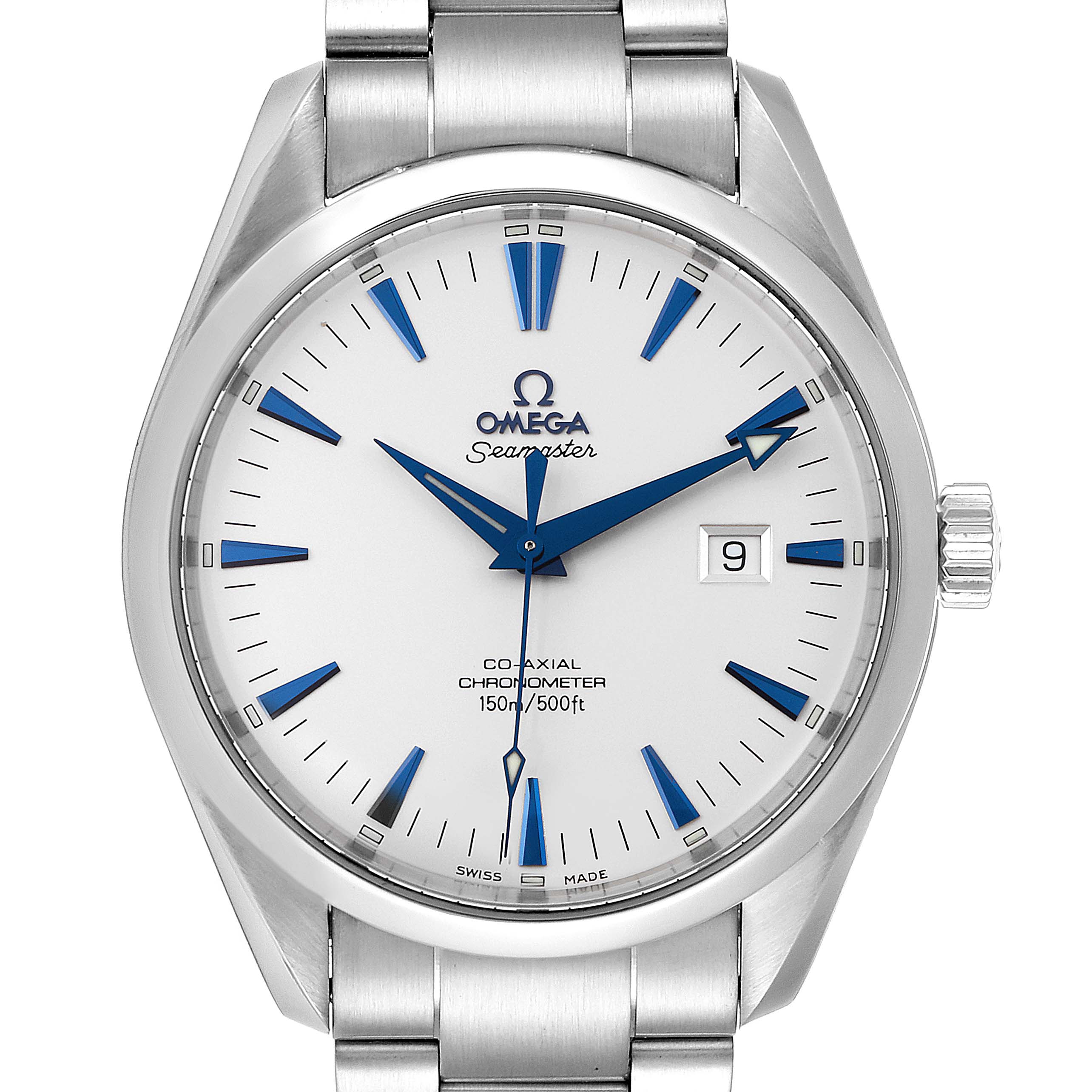 The image shows a frontal close-up of an Omega Seamaster Aqua Terra watch, displaying its white dial, blue markers, and steel bracelet.