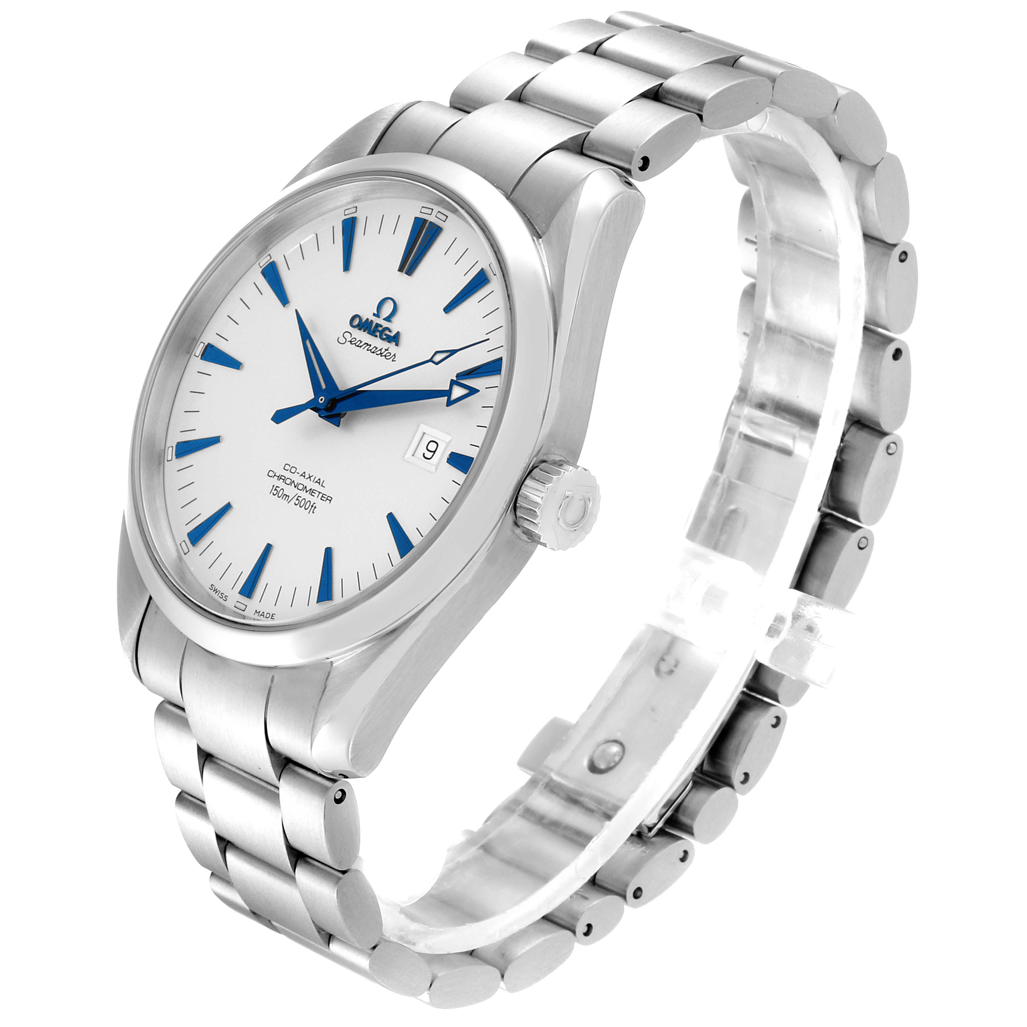 The image shows an Omega Aqua Terra 2502.33.00 Men's Stainless Steel White Dial 2502.33.00 Men's Stainless Steel White Dial watch at a left side-angle, showcasing the face, bracelet, and crown.
