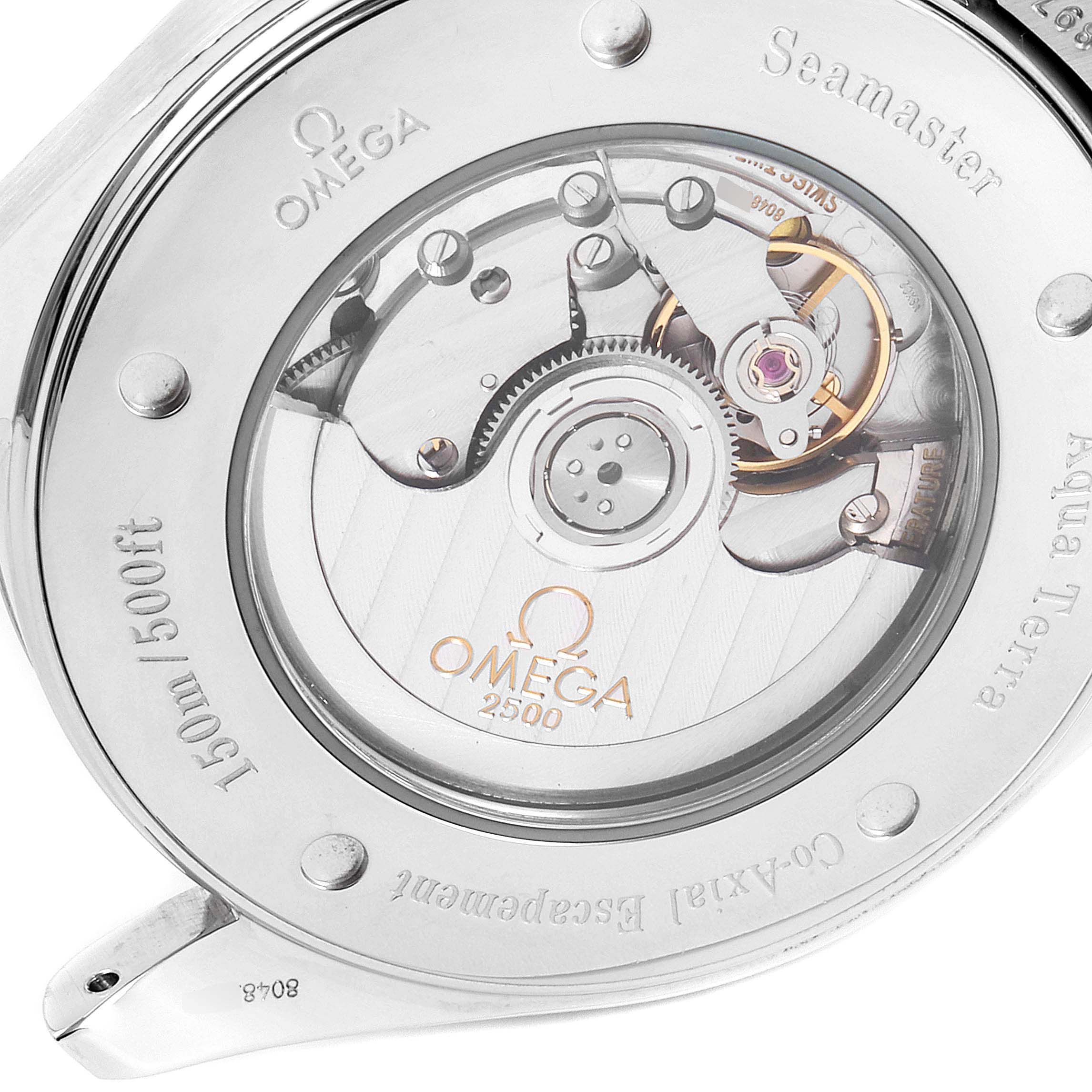 The image shows the case back of an Omega Aqua Terra 2502.33.00 Men's Stainless Steel White Dial 2502.33.00 Men's Stainless Steel White Dial watch, revealing its mechanical movement and internal components.