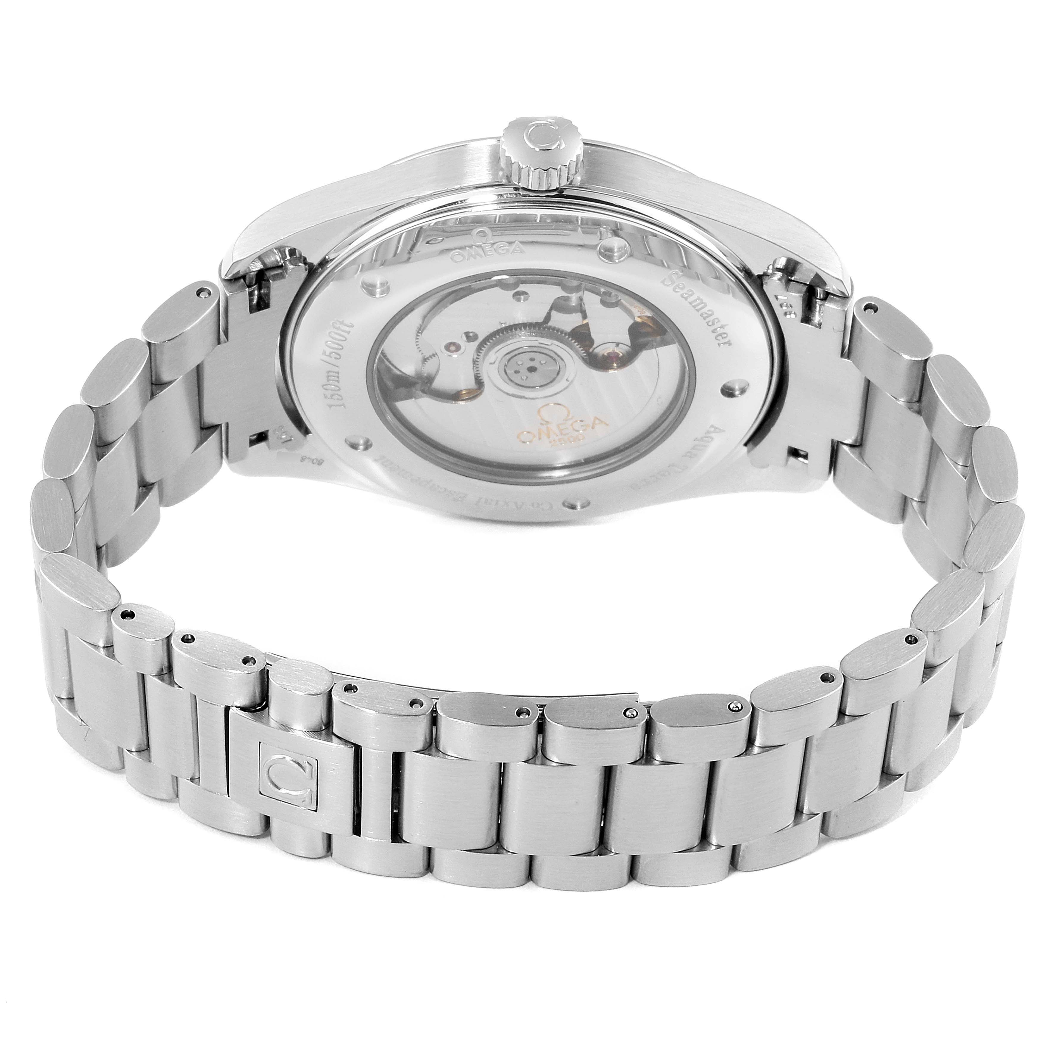 The image shows the back view of an Omega Aqua Terra 2502.33.00 Men's Stainless Steel White Dial 2502.33.00 Men's Stainless Steel White Dial watch, highlighting its stainless steel bracelet and transparent case back.