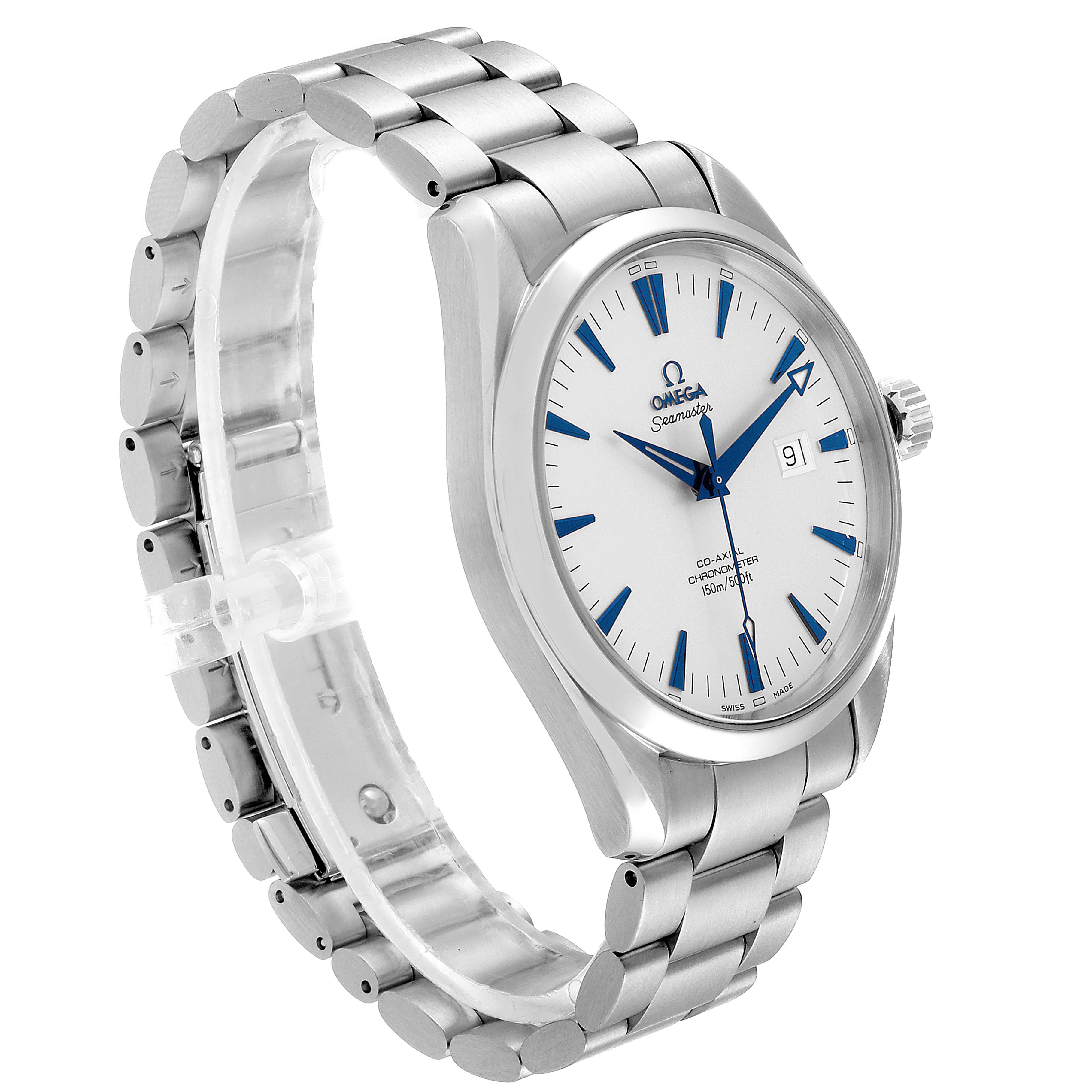 This image shows a side angle of an Omega Aqua Terra 2502.33.00 Men's Stainless Steel White Dial 2502.33.00 Men's Stainless Steel White Dial watch, highlighting its face, bezel, crown, and bracelet.