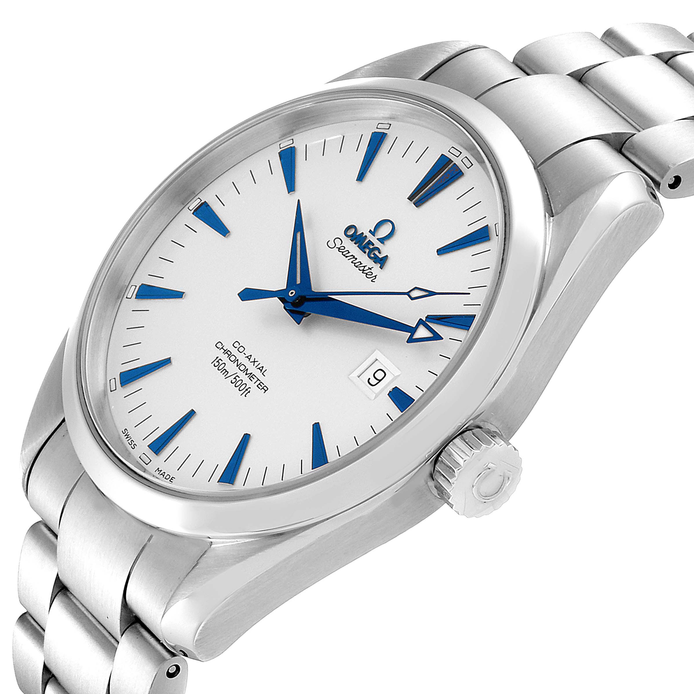 The Omega Aqua Terra 2502.33.00 Men's Stainless Steel White Dial 2502.33.00 Men's Stainless Steel White Dial watch is shown at a diagonal angle, highlighting its face, bezel, crown, and part of the bracelet.