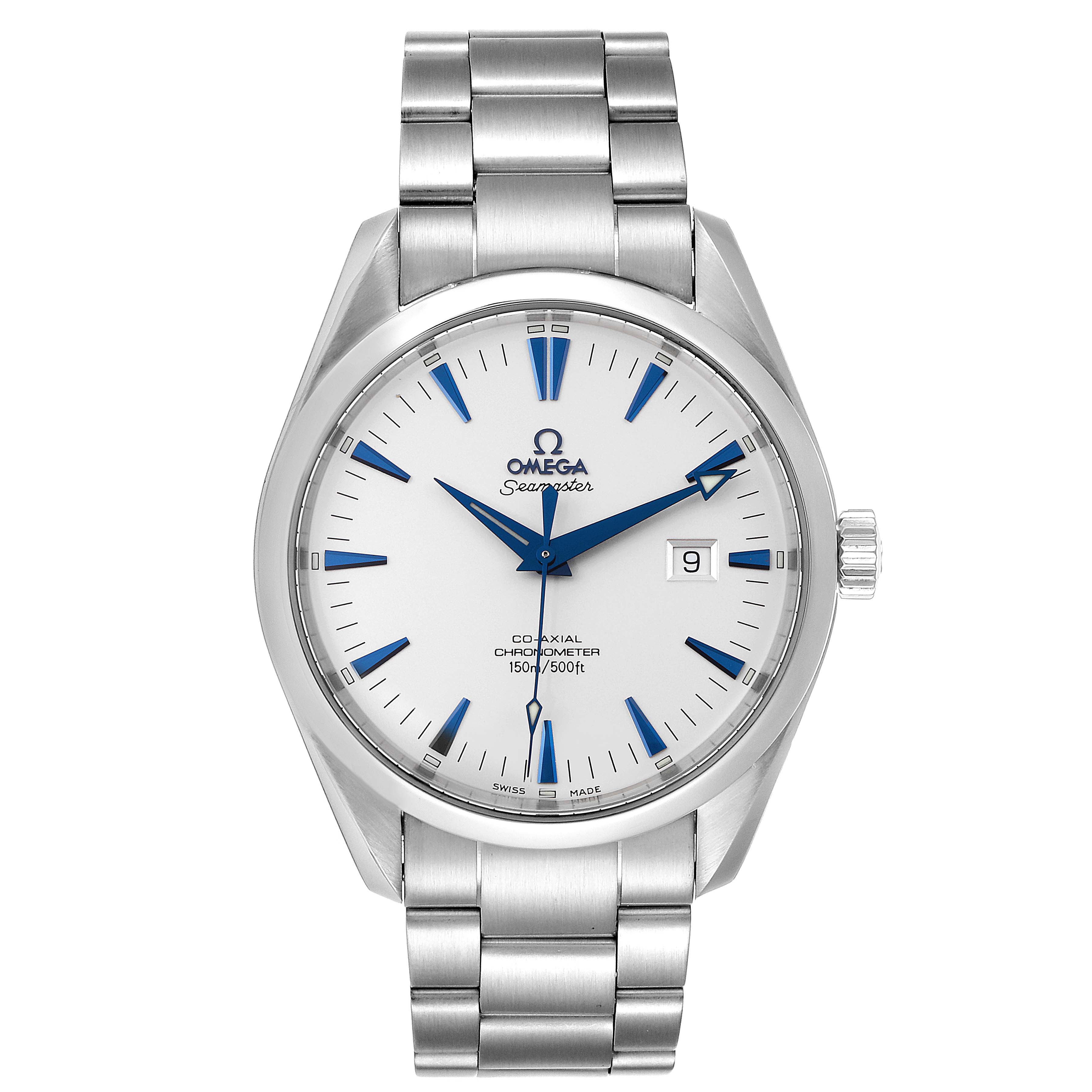 The image shows a front view of the Omega Aqua Terra 2502.33.00 Men's Stainless Steel White Dial 2502.33.00 Men's Stainless Steel White Dial watch, featuring its face, hands, date, and metal bracelet.