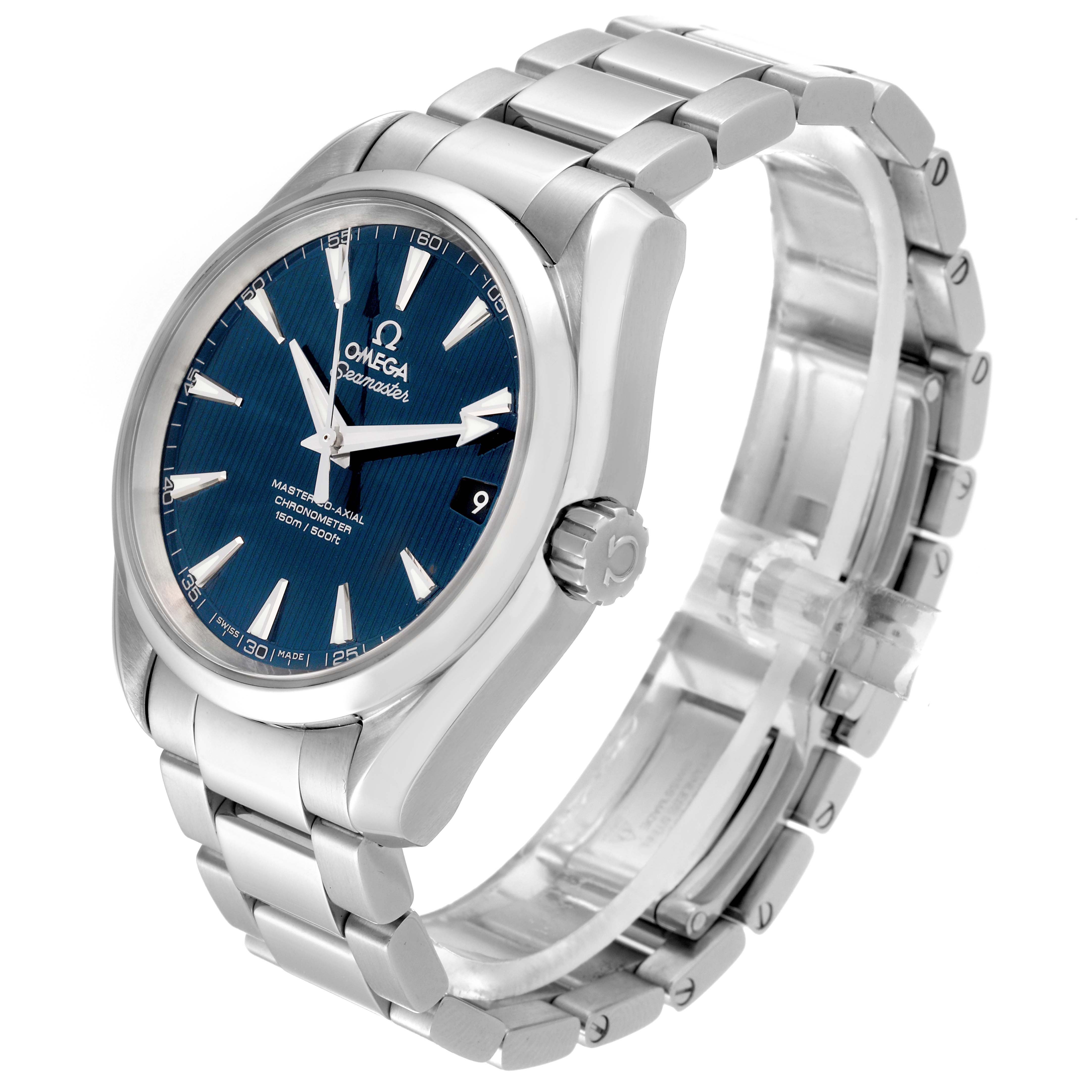 The Omega Aqua Terra 231.10.39.21.03.002 Men
s Stainless Steel Blue Dial 231.10.39.21.03.002 Men
s Stainless Steel Blue Dial watch is shown at a 3/4 angle, highlighting the face, crown, and stainless steel bracelet.
