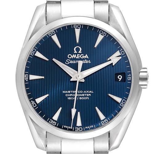 This image shows a frontal view of the Omega Seamaster Aqua Terra watch, highlighting the blue dial, hands, indices, and date window.