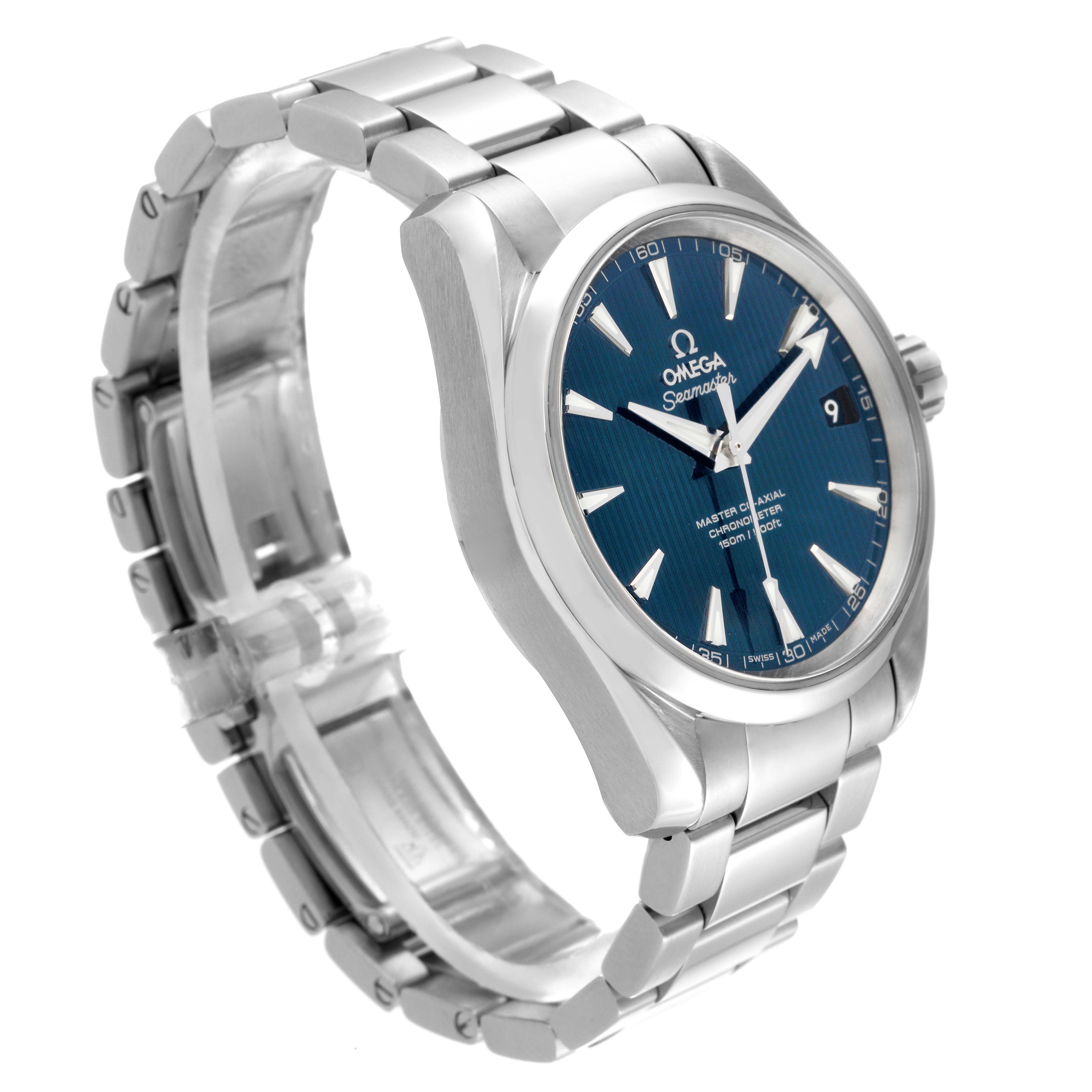 The image shows a side-angle view of an Omega Seamaster Aqua Terra watch featuring a blue dial and a stainless steel bracelet.