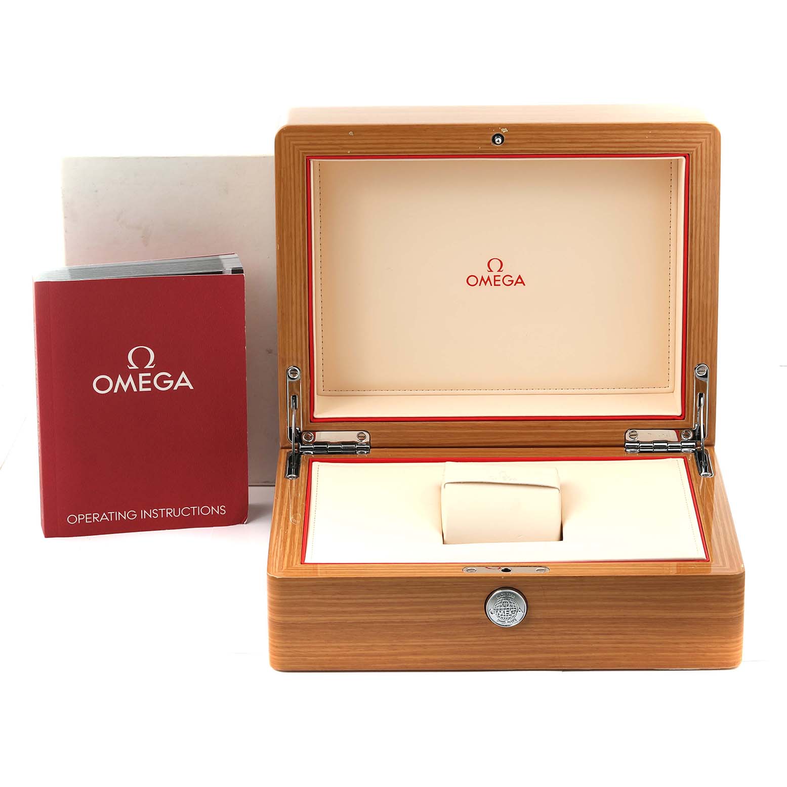 The image shows the Omega Aqua Terra 231.10.39.21.03.002 Men
s Stainless Steel Blue Dial 231.10.39.21.03.002 Men
s Stainless Steel Blue Dial watch box, opened to reveal its interior, alongside the operating instructions manual.