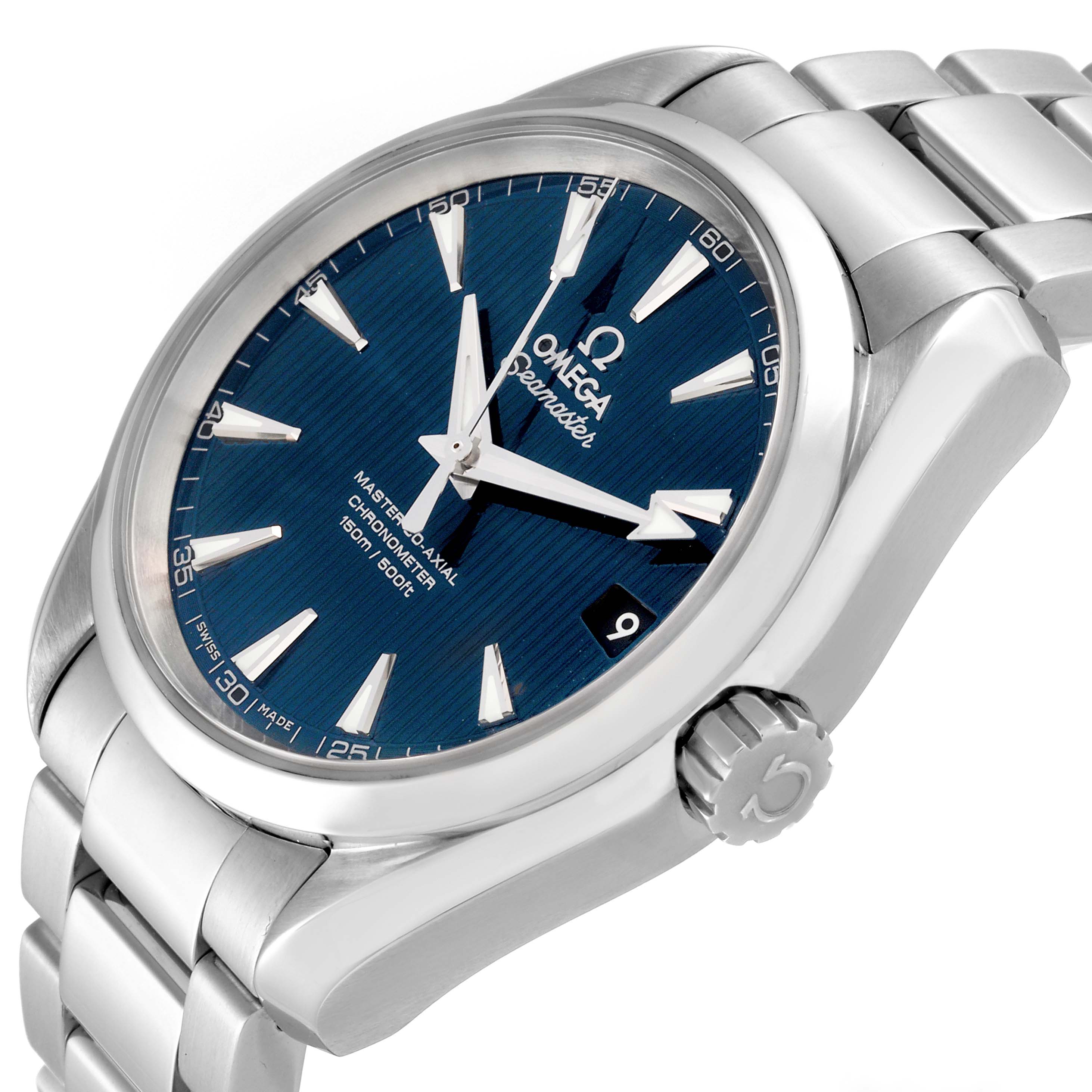 The Omega Aqua Terra 231.10.39.21.03.002 Men
s Stainless Steel Blue Dial 231.10.39.21.03.002 Men
s Stainless Steel Blue Dial watch is shown at an oblique angle, displaying the blue dial, hour markers, and metal bracelet.