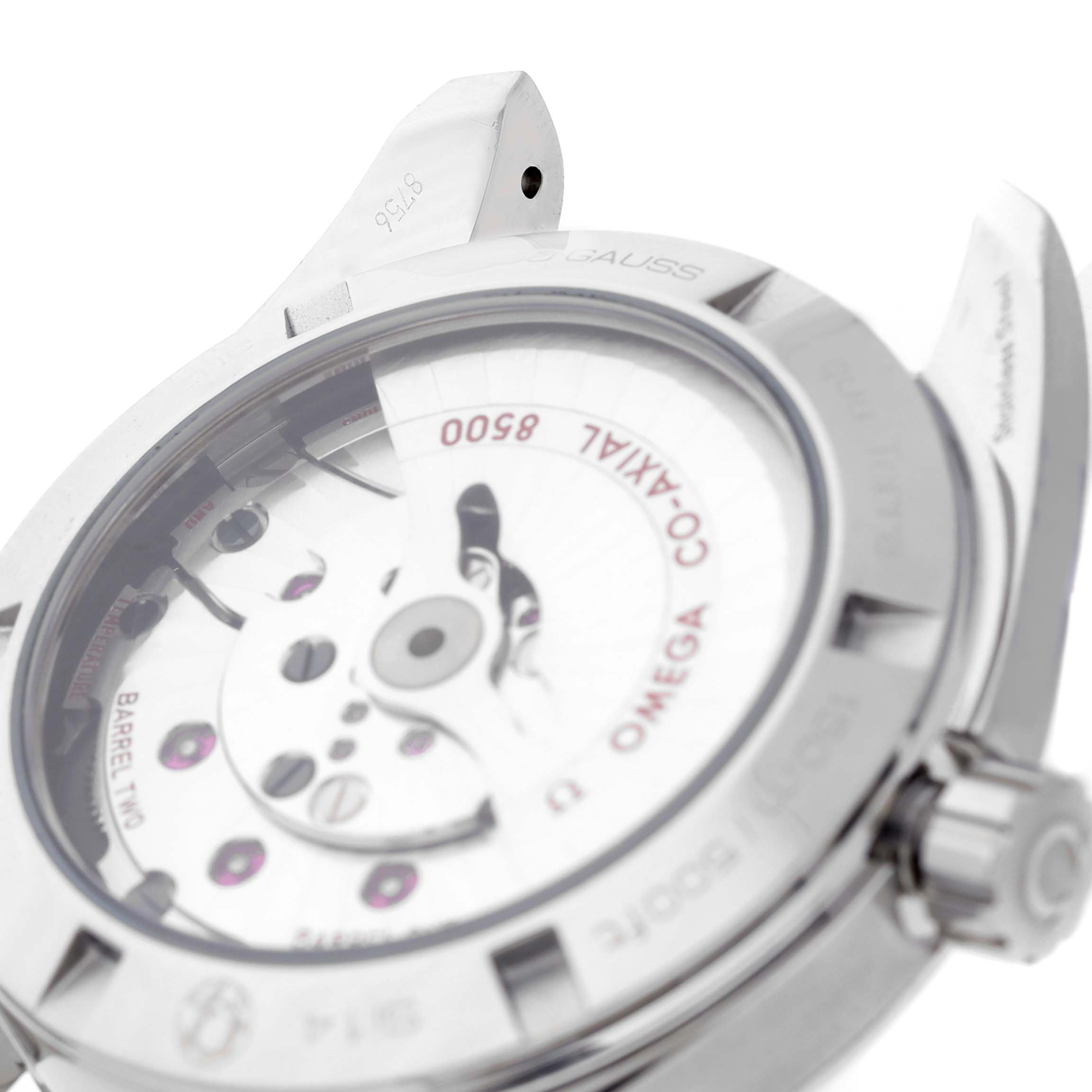 The image shows the back case and the exposed movement of the Omega Aqua Terra 231.10.39.21.03.002 Men
s Stainless Steel Blue Dial 231.10.39.21.03.002 Men
s Stainless Steel Blue Dial model watch, viewed from an angled perspective.