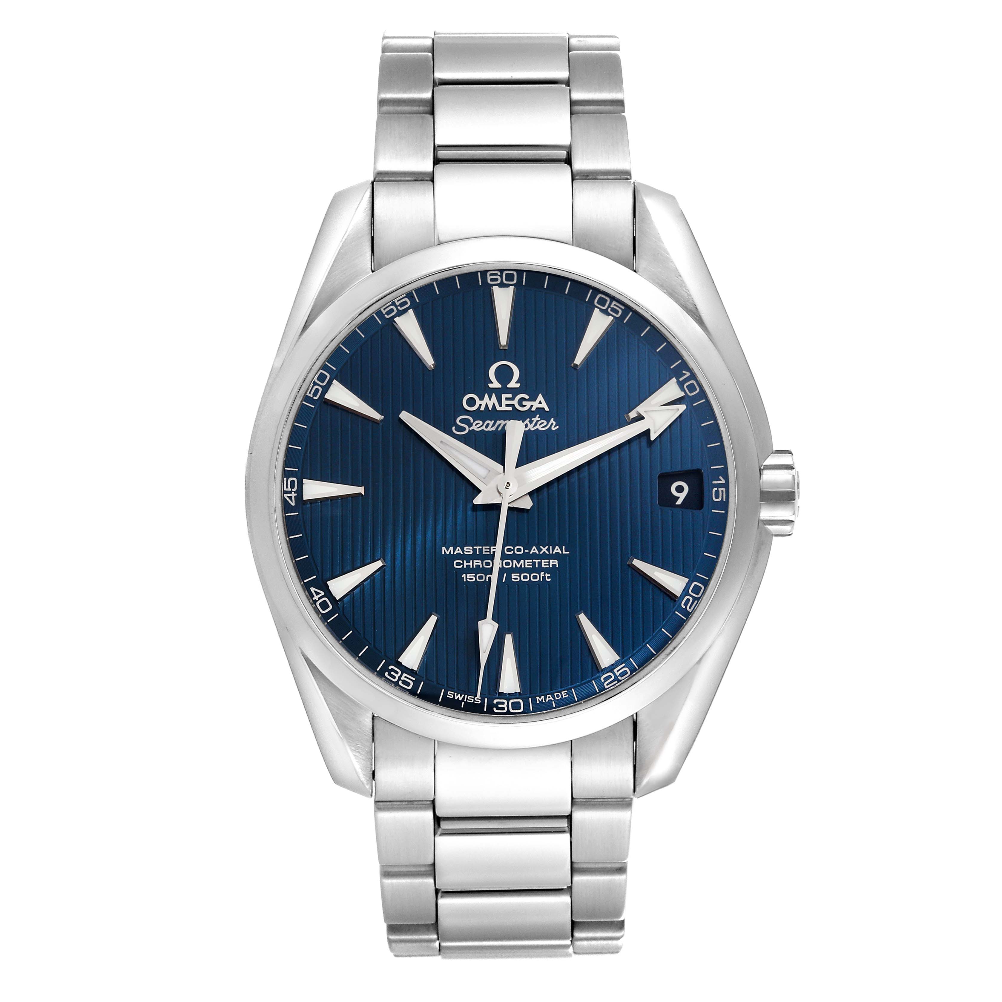 The image shows a front view of the Omega Seamaster Aqua Terra watch, highlighting its blue dial and stainless steel bracelet.