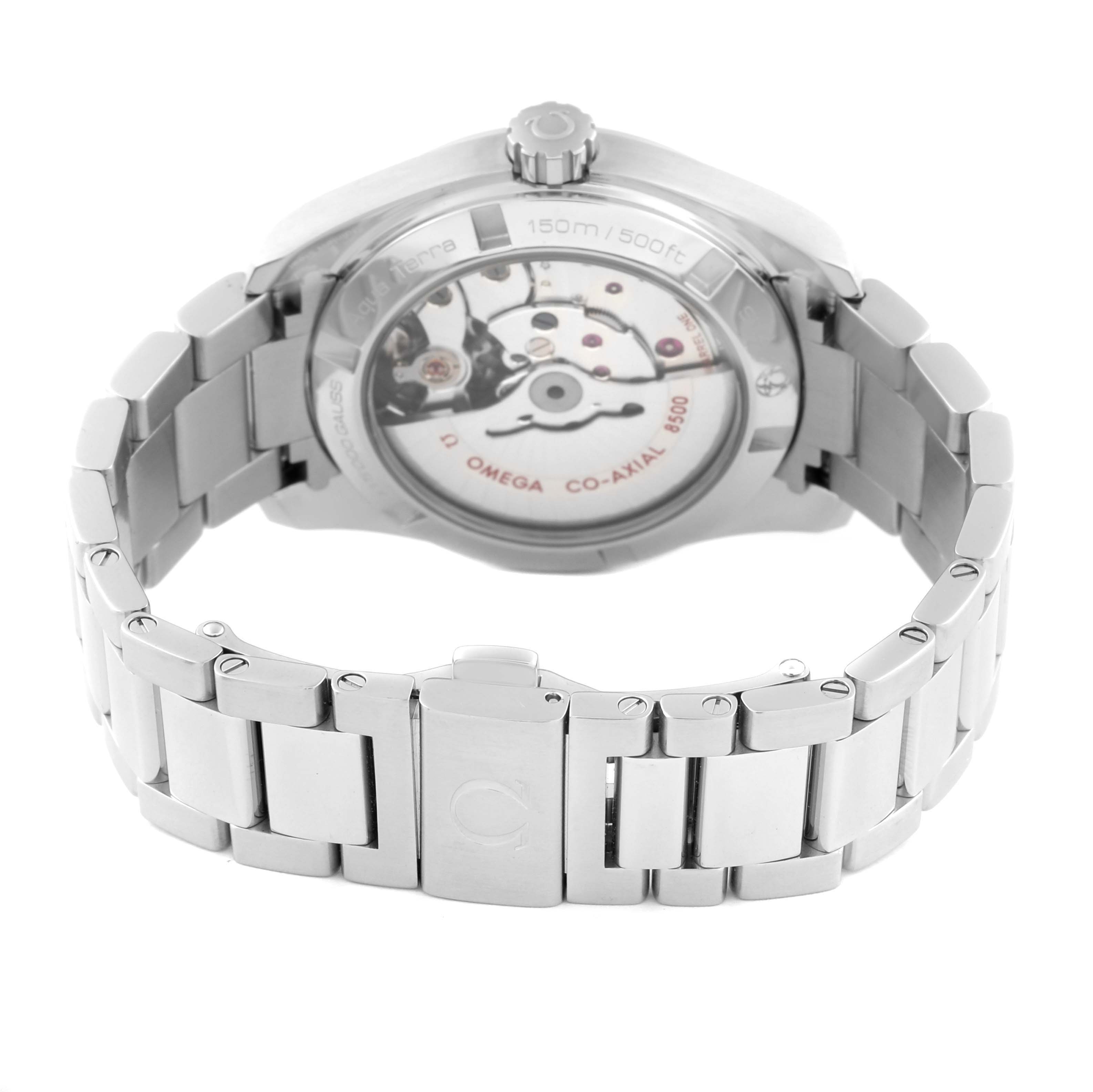 The image shows the backside and bracelet of the Omega Aqua Terra 231.10.39.21.03.002 Men
s Stainless Steel Blue Dial 231.10.39.21.03.002 Men
s Stainless Steel Blue Dial watch, highlighting the movement and clasp.