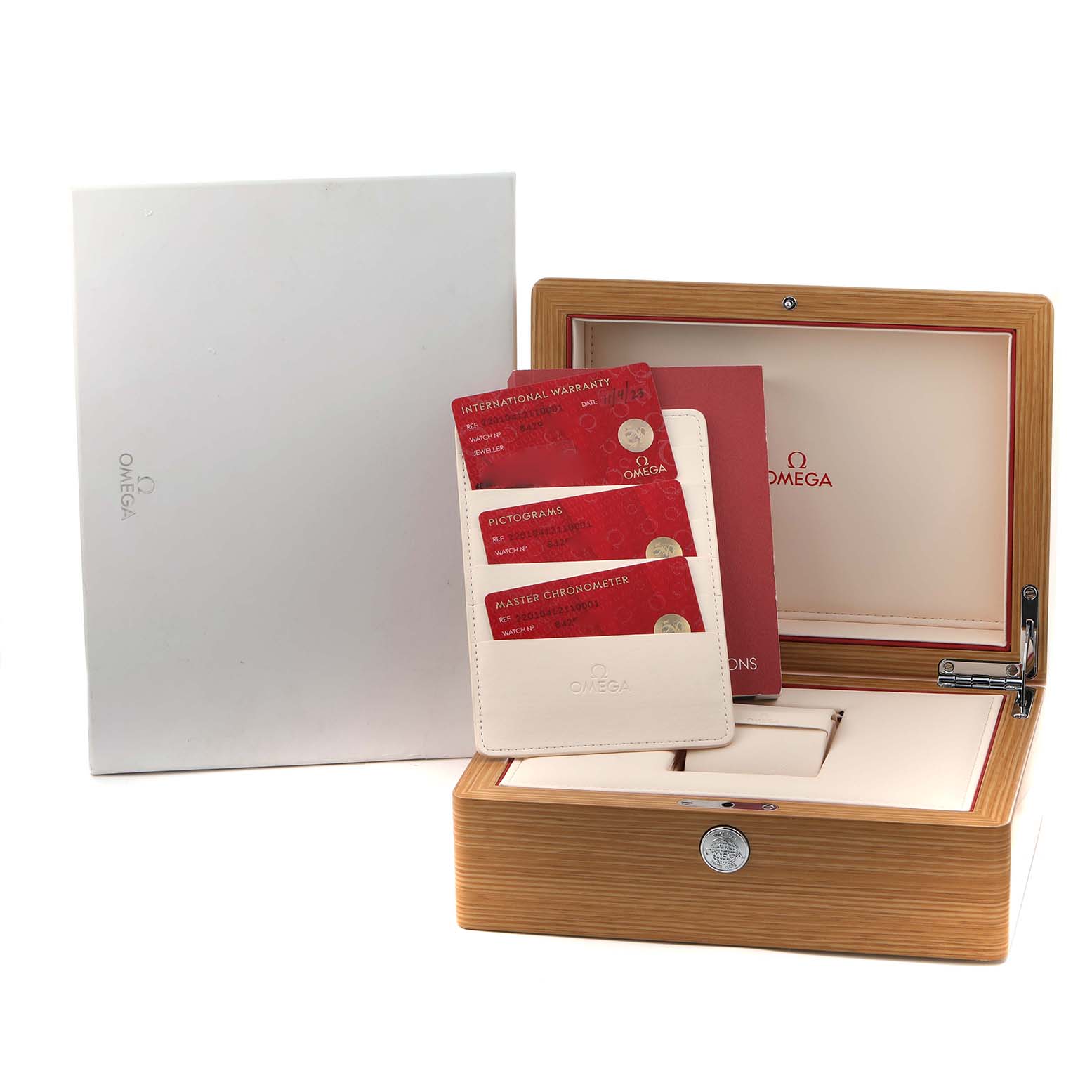 The image shows the Omega Aqua Terra 220.10.41.21.10.001 Men
s Stainless Steel Green Dial watch
s wooden box and documentation, including warranty and certification cards, at an angled view.