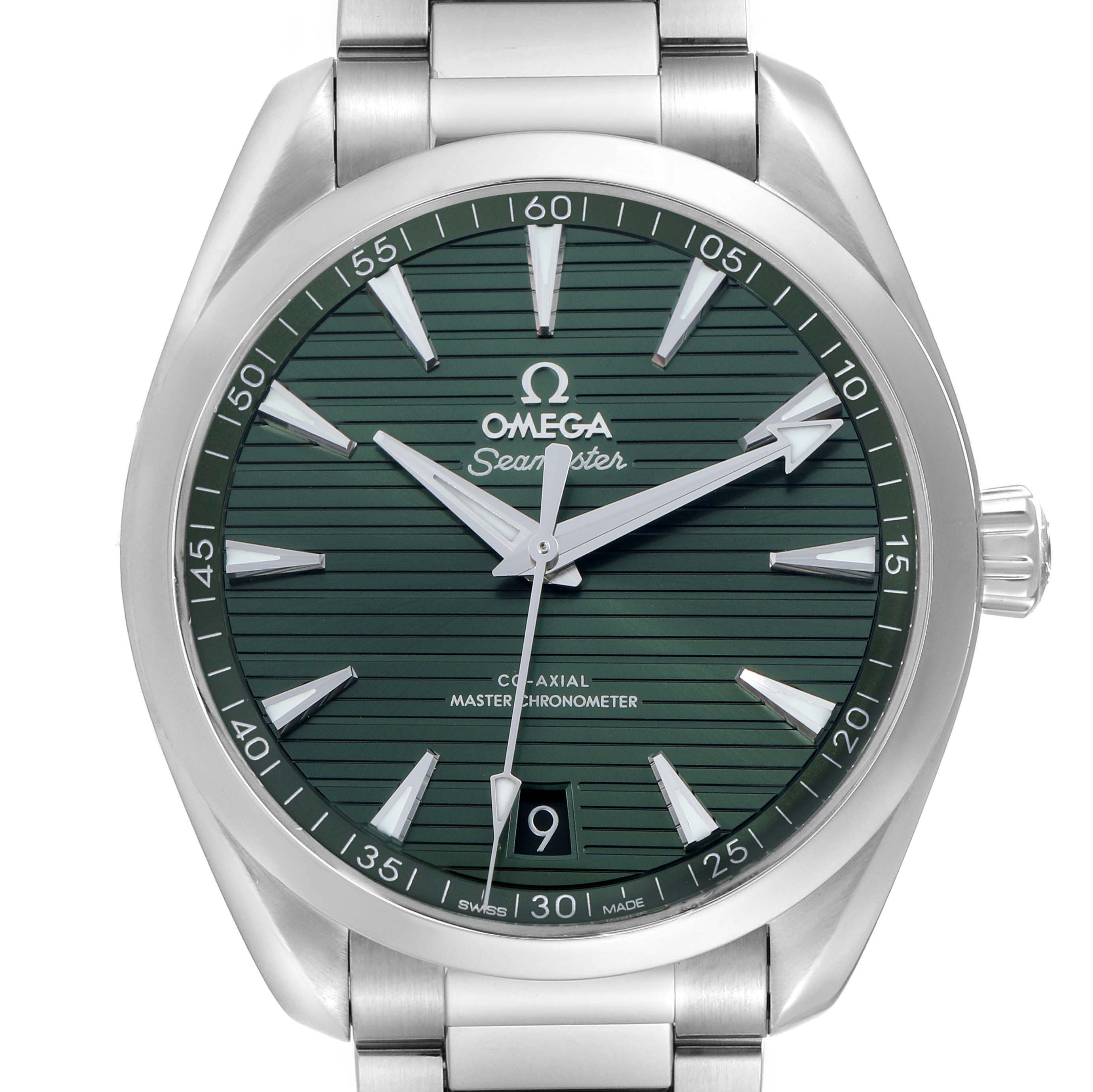 The image shows a front view of an Omega Aqua Terra 220.10.41.21.10.001 Men
s Stainless Steel Green Dial watch, highlighting its green dial, date window, and stainless steel bracelet.