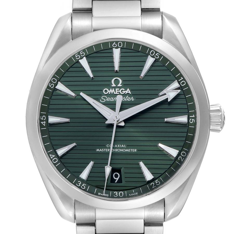 The image shows a front view of an Omega Aqua Terra 220.10.41.21.10.001 Men's Stainless Steel Green Dial watch, highlighting its green dial, date window, and stainless steel bracelet.