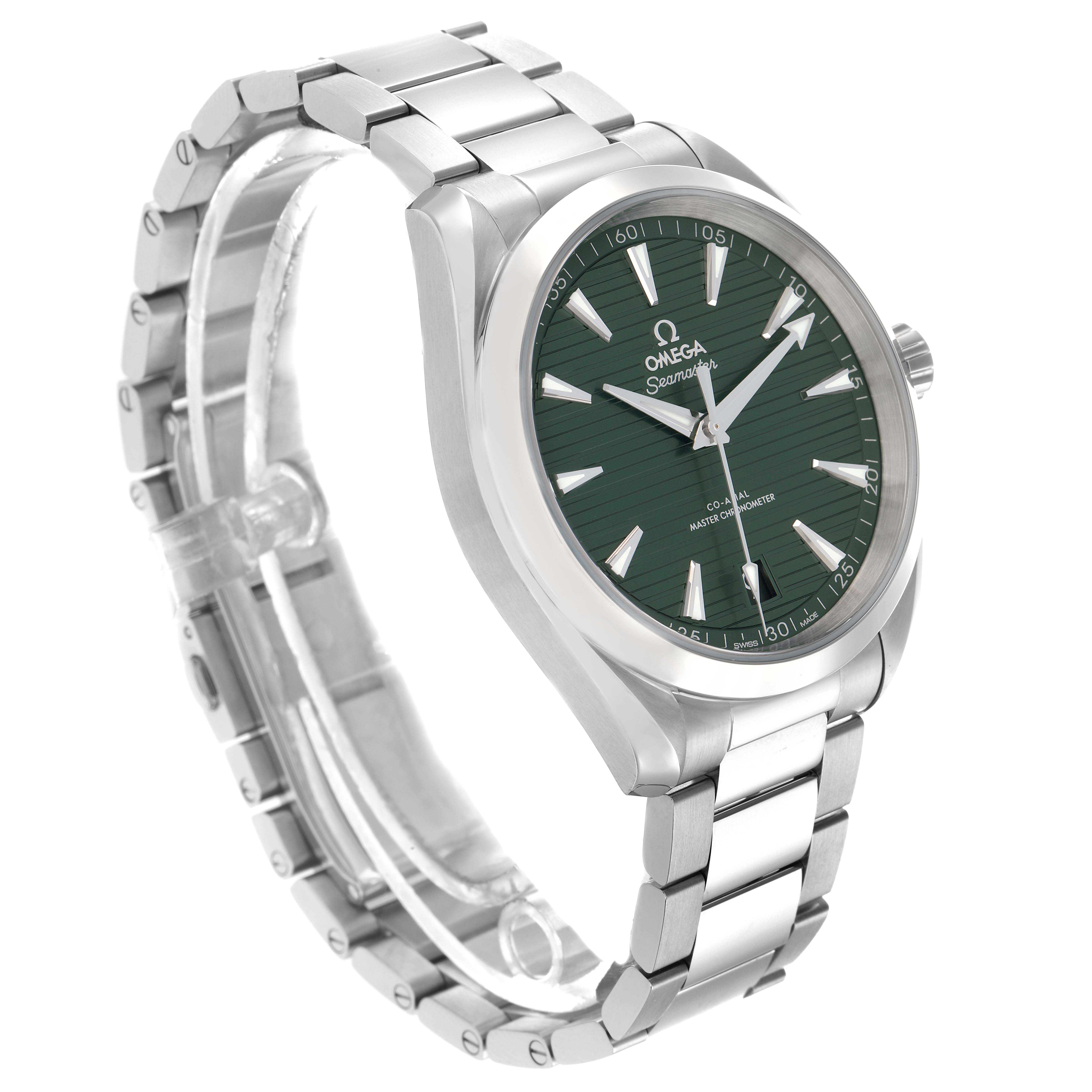 The Omega Aqua Terra 220.10.41.21.10.001 Men
s Stainless Steel Green Dial watch is shown at a three-quarter angle, highlighting the green dial and metal bracelet.