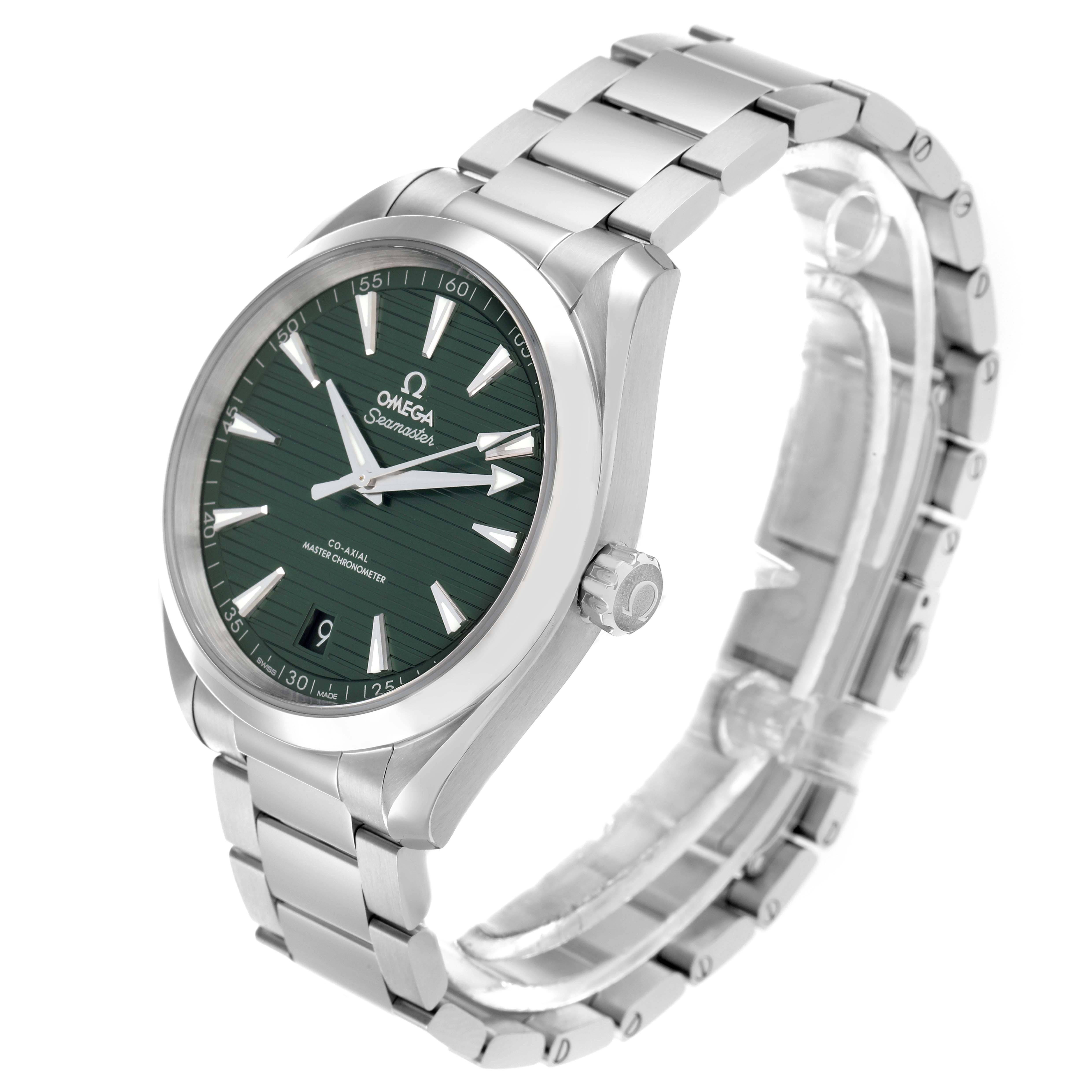 The Omega Aqua Terra 220.10.41.21.10.001 Men
s Stainless Steel Green Dial watch is shown at a three-quarter angle, highlighting the face, bracelet, and side crown.
