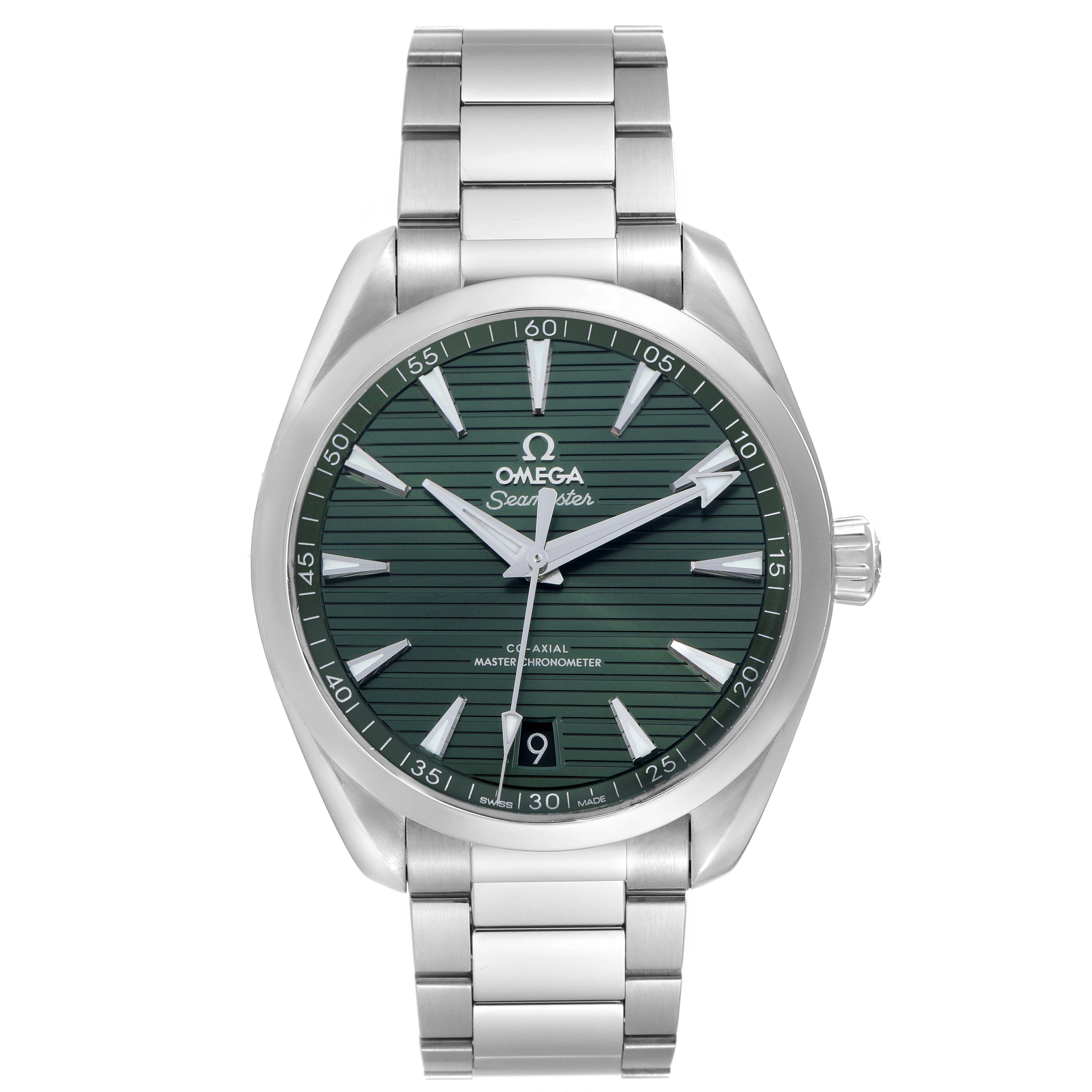 The Omega Aqua Terra 220.10.41.21.10.001 Men
s Stainless Steel Green Dial watch is shown from the front, displaying its face and bracelet.