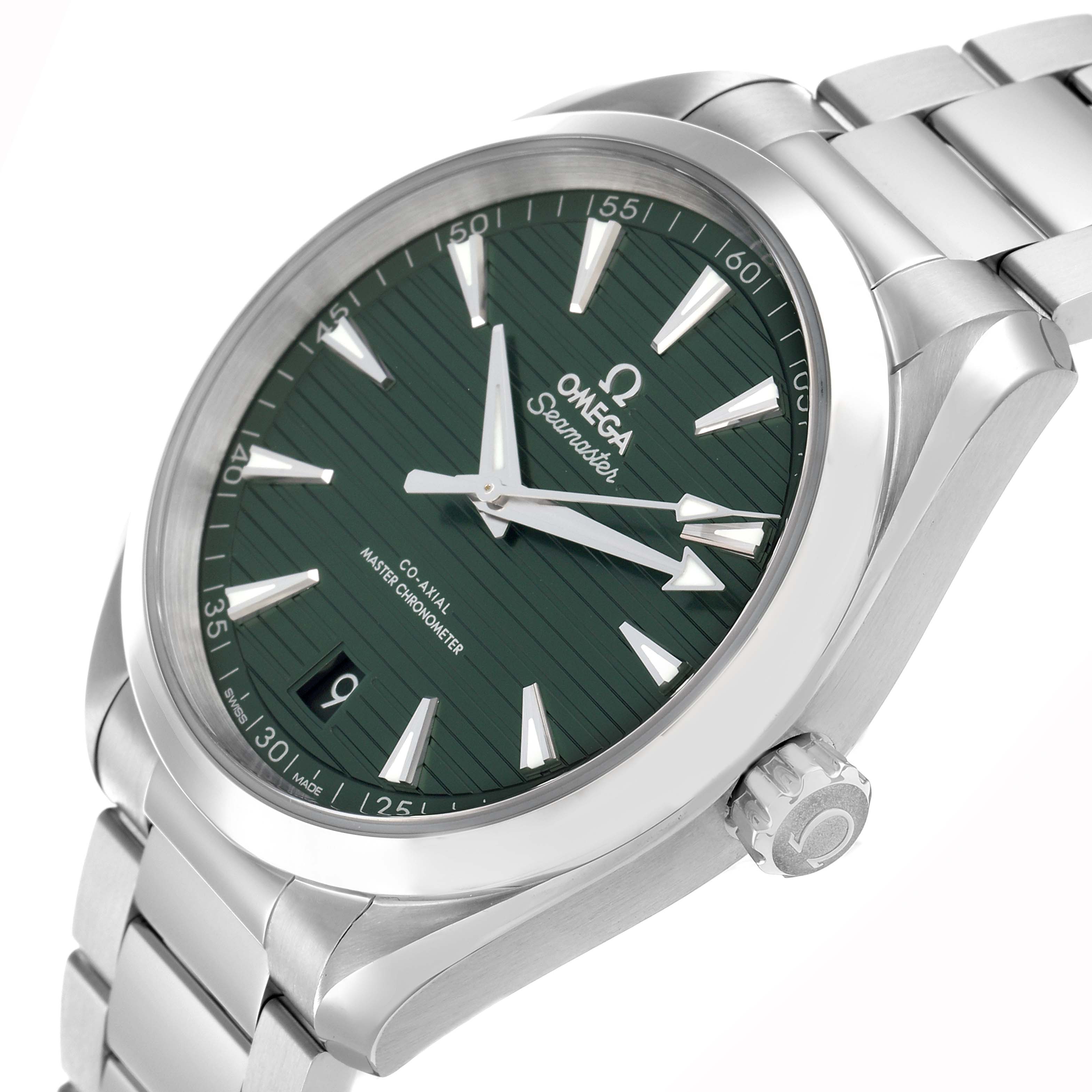 The Omega Aqua Terra 220.10.41.21.10.001 Men
s Stainless Steel Green Dial watch is shown at a three-quarter angle, highlighting the dial, bezel, crown, and bracelet.