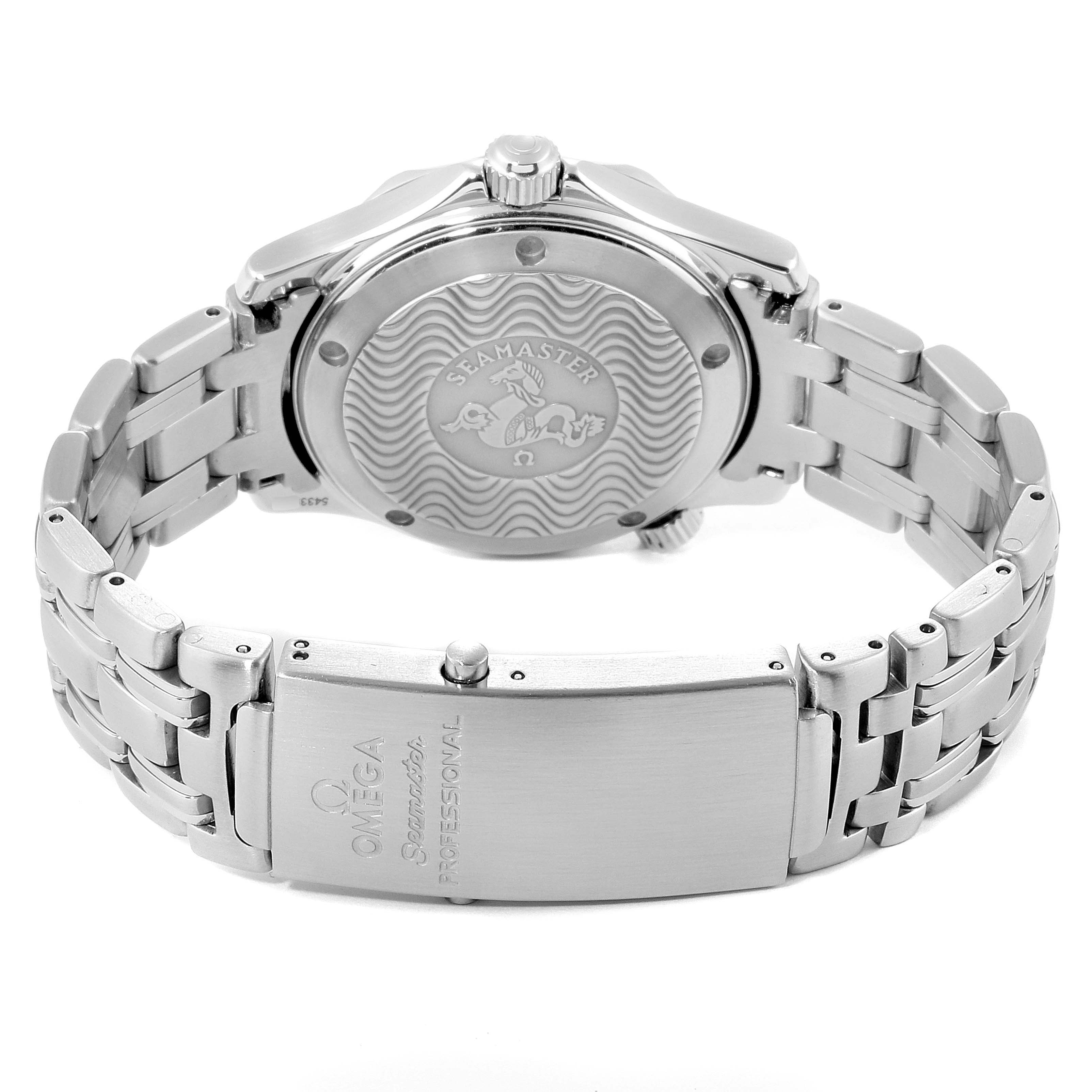 The image shows the back case and bracelet of an Omega Seamaster 2561.80.00 Men's Stainless Steel Blue Dial 2561.80.00 Men's Stainless Steel Blue Dial watch from a rear angle.