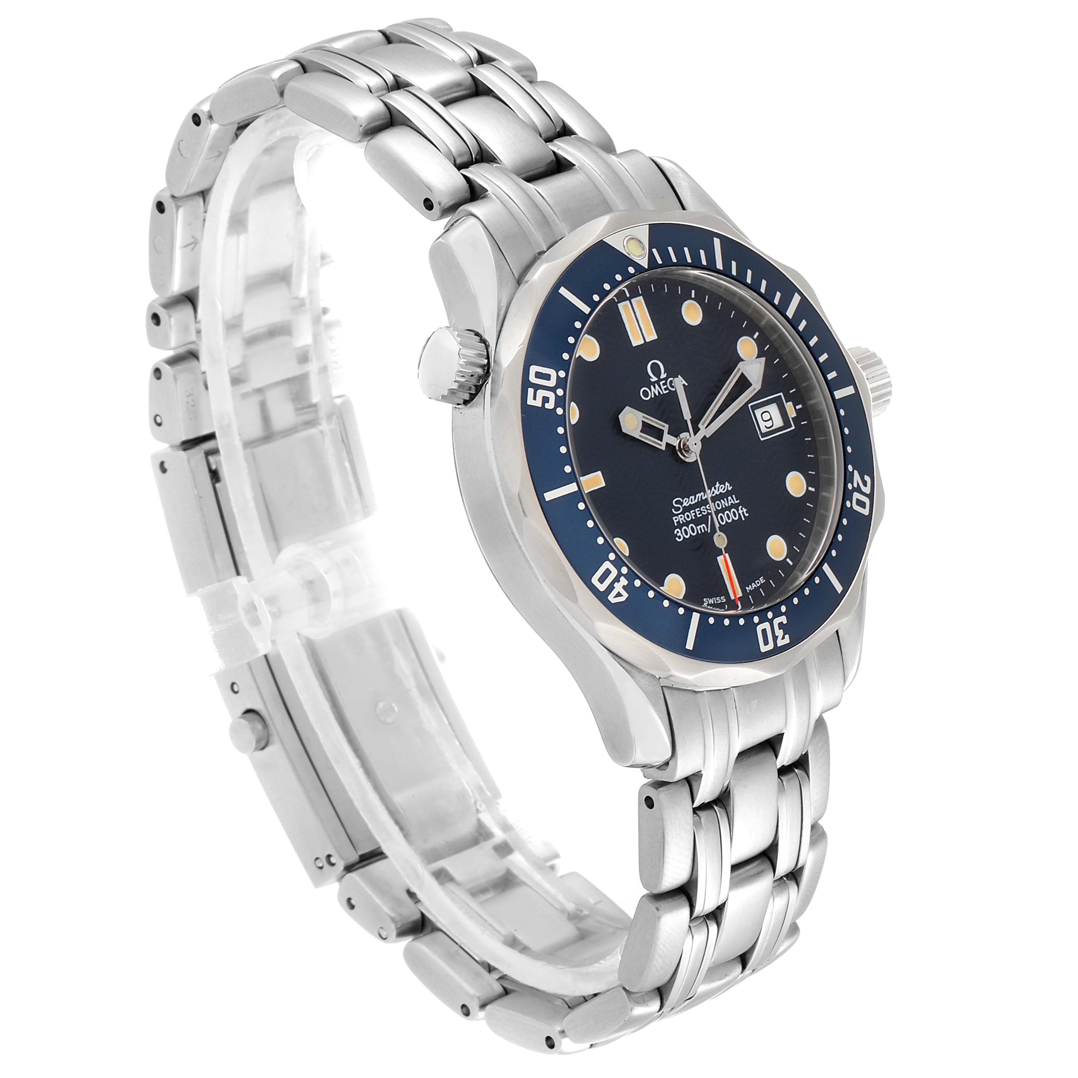 The image shows an angled view of an Omega Seamaster 2561.80.00 Men's Stainless Steel Blue Dial 2561.80.00 Men's Stainless Steel Blue Dial watch, highlighting its dial, bezel, and stainless steel bracelet.