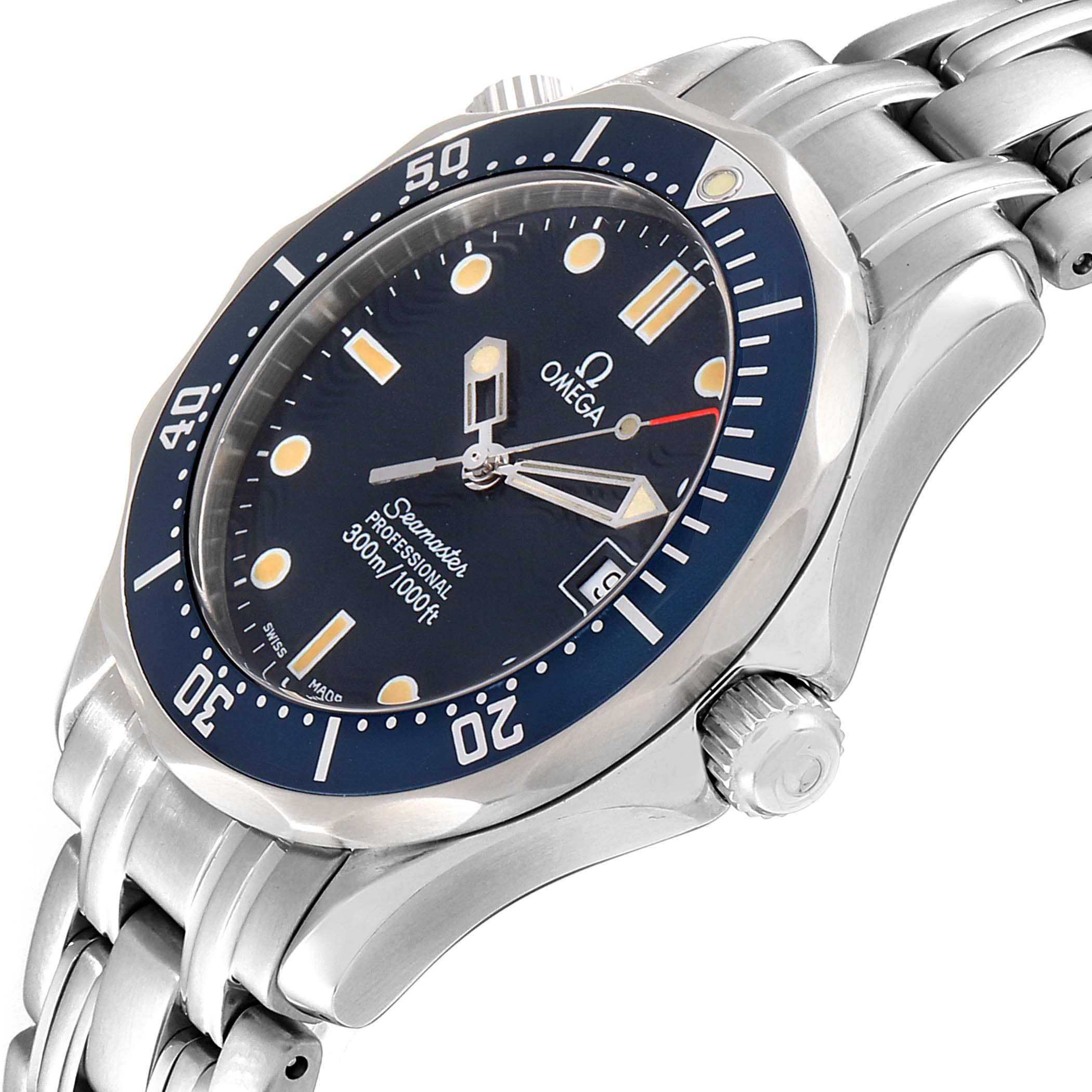This image shows an angled view of an Omega Seamaster 2561.80.00 Men's Stainless Steel Blue Dial 2561.80.00 Men's Stainless Steel Blue Dial watch, highlighting the face, bezel, crown, and band.