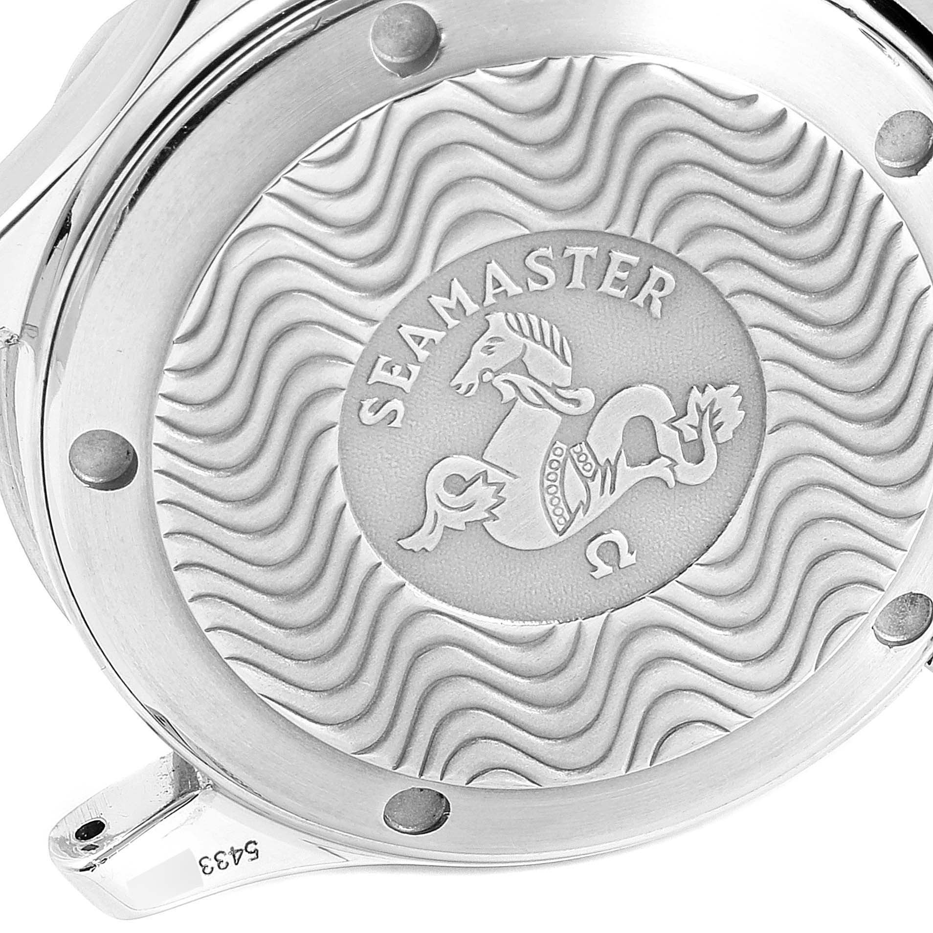 The image shows the back case of an Omega Seamaster 2561.80.00 Men's Stainless Steel Blue Dial 2561.80.00 Men's Stainless Steel Blue Dial watch, featuring the distinctive wave pattern and logo.