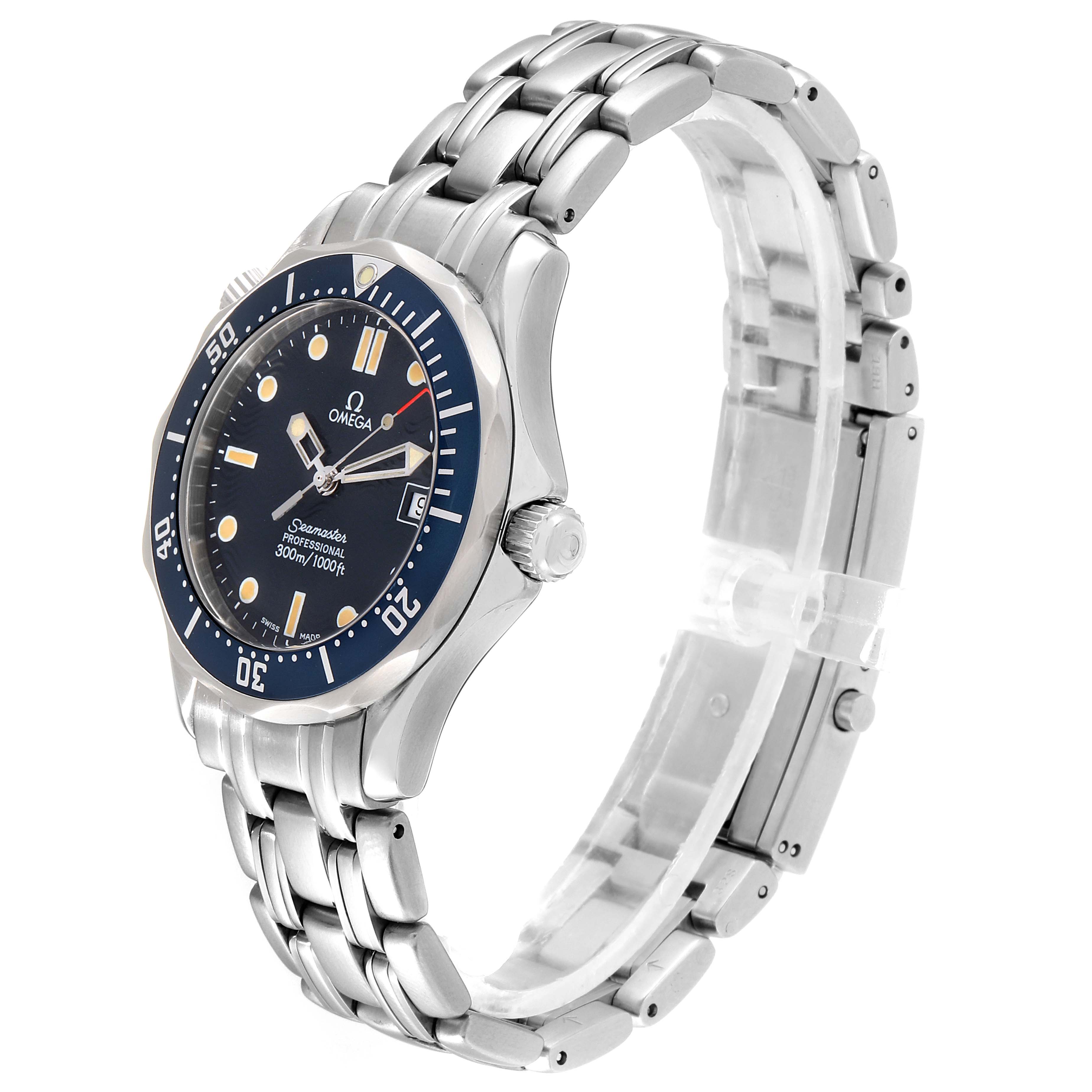 The image shows an Omega Seamaster 2561.80.00 Men's Stainless Steel Blue Dial 2561.80.00 Men's Stainless Steel Blue Dial watch at an angled side view, showcasing its face, bezel, crown, and metal bracelet.