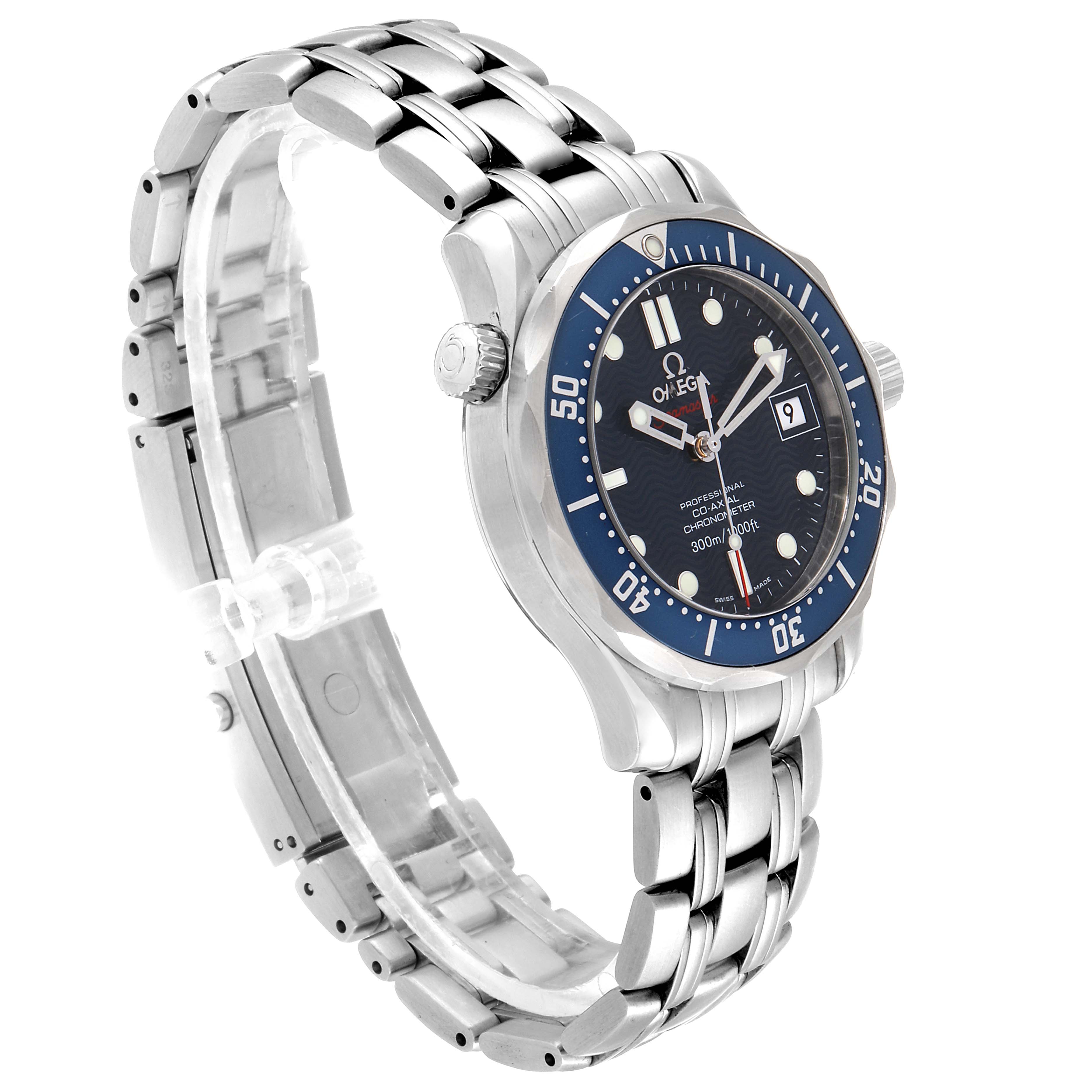 The image shows an Omega Seamaster 2222.80.00 Men's Stainless Steel Blue Dial 2222.80.00 Men's Stainless Steel Blue Dial watch from a three-quarter angle, highlighting the face, bezel, bracelet, and crown.