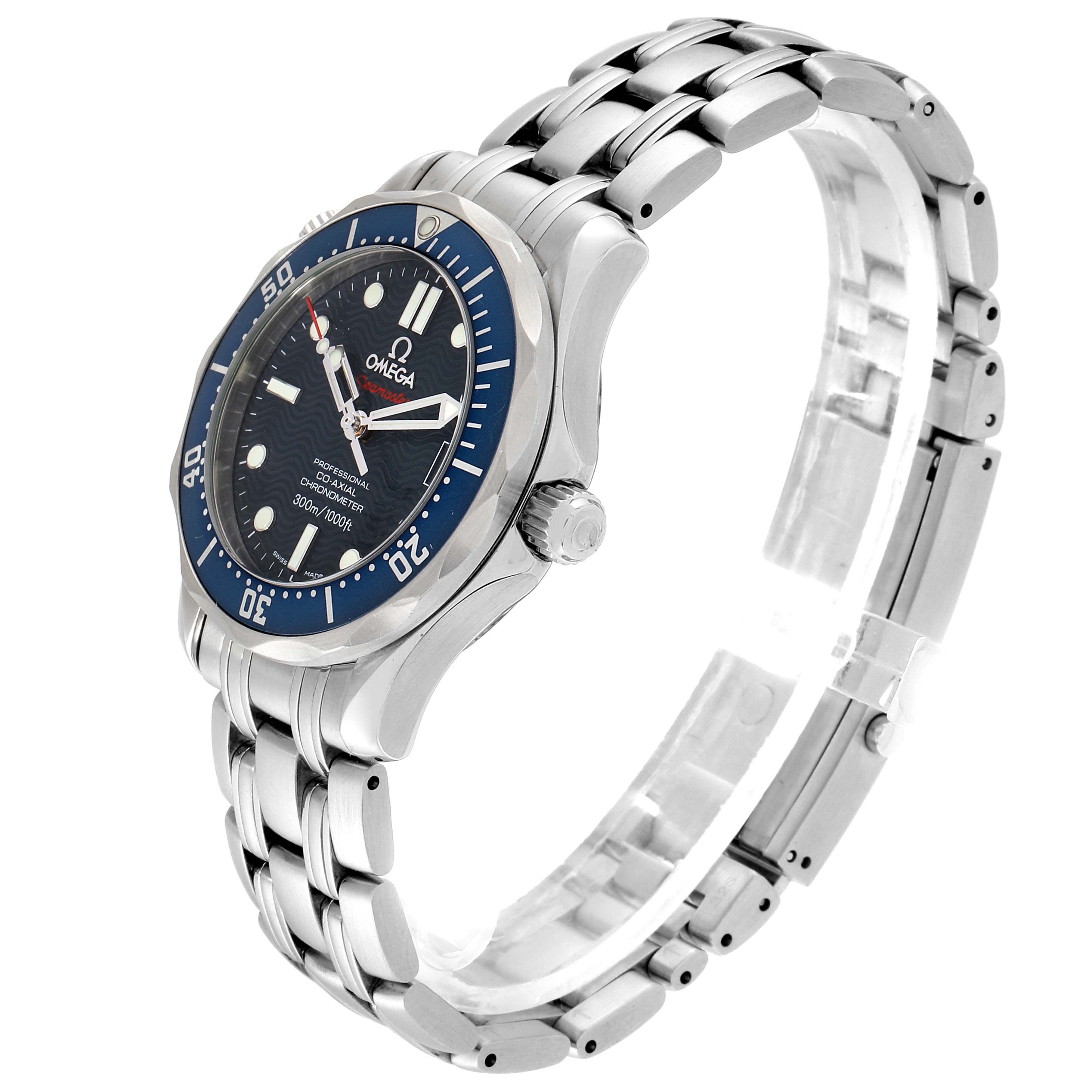 The Omega Seamaster 2222.80.00 Men's Stainless Steel Blue Dial 2222.80.00 Men's Stainless Steel Blue Dial watch is shown at an oblique angle, detailing its bezel, dial, crown, and stainless steel bracelet.