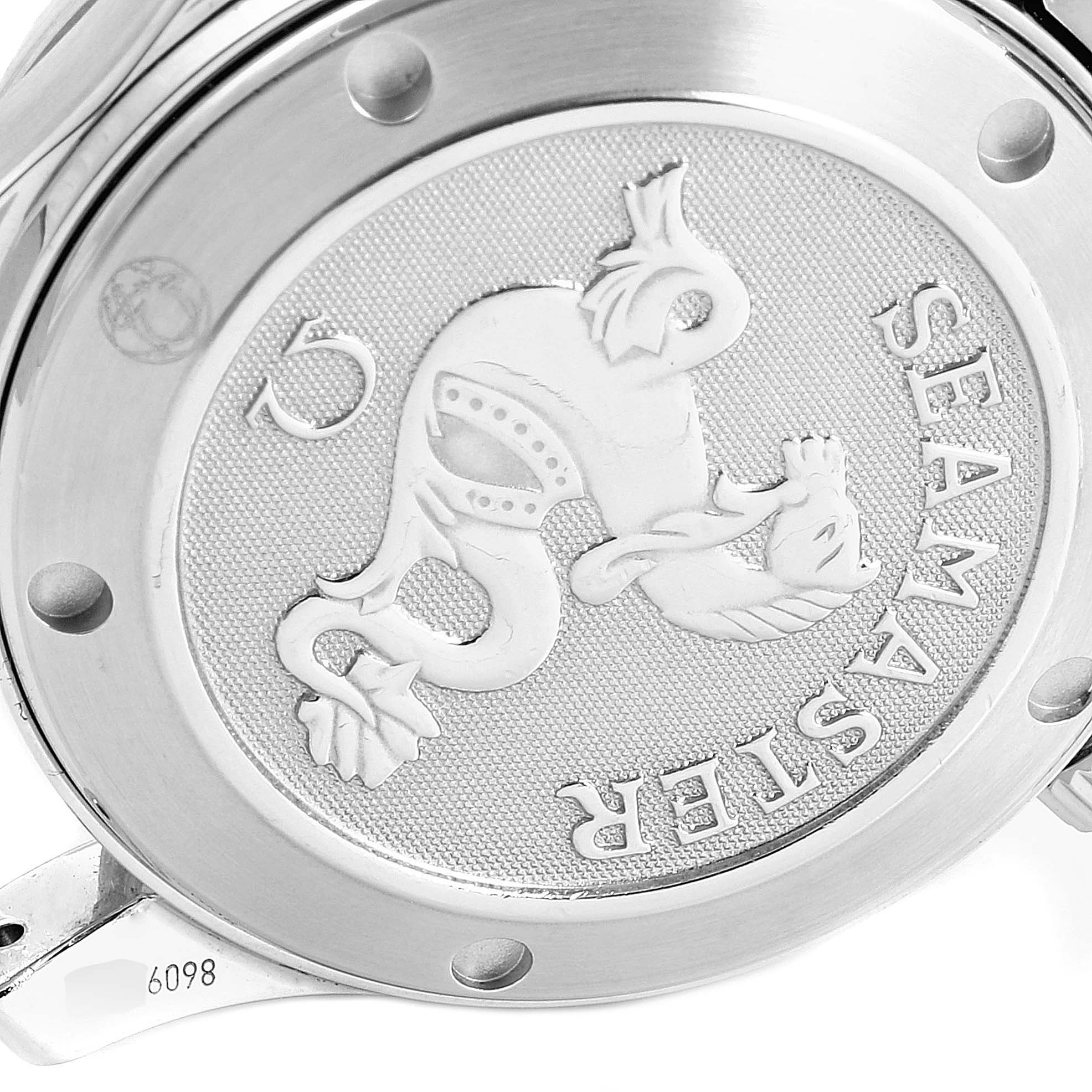 The image shows the case back of an Omega Seamaster 2222.80.00 Men's Stainless Steel Blue Dial 2222.80.00 Men's Stainless Steel Blue Dial watch featuring the embossed seahorse logo.